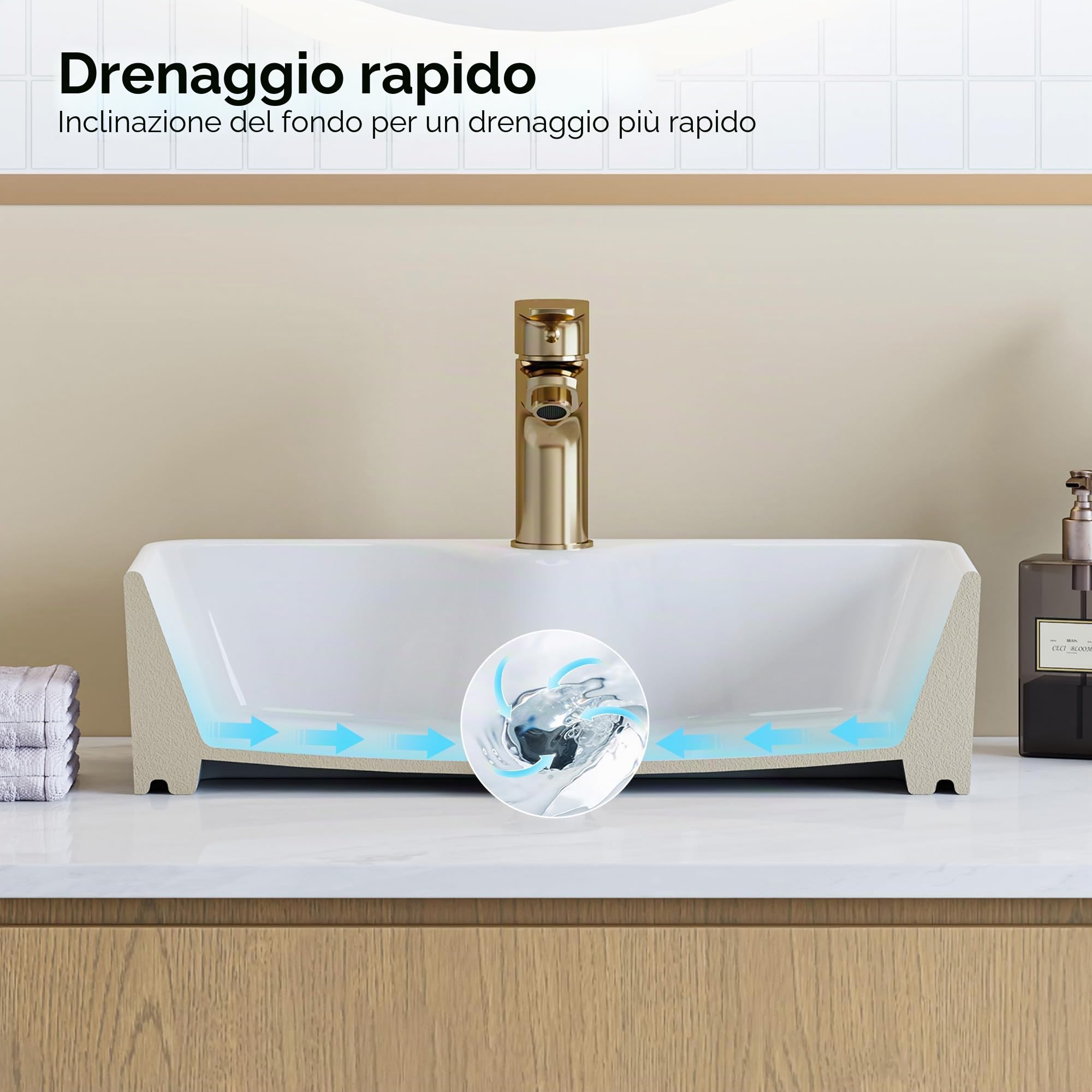 HOROW Lavabo da appoggio, rettangolare, 48 x 37 x 13 cm, in ceramica bianca, con foro per rubinetto, per bagno, piccolo WC per ospiti, facile da pulire, salvaspazio, moderno