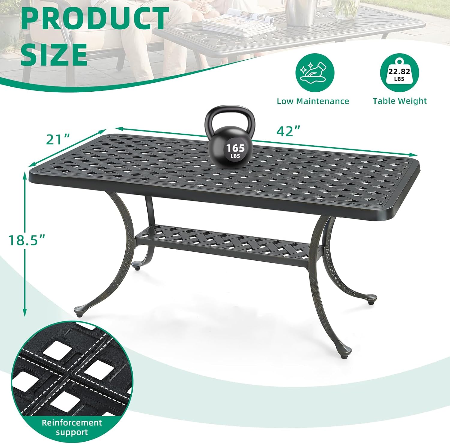 VIVIJASON Cast Aluminum Outdoor Coffee Table, 42 x 21 Inch Rectangular Patio Conversation Table with 2-Tier Storage, Rust-Resistant All-Weather Center Table for Deck, Backyard, Porch, Antique Bronze