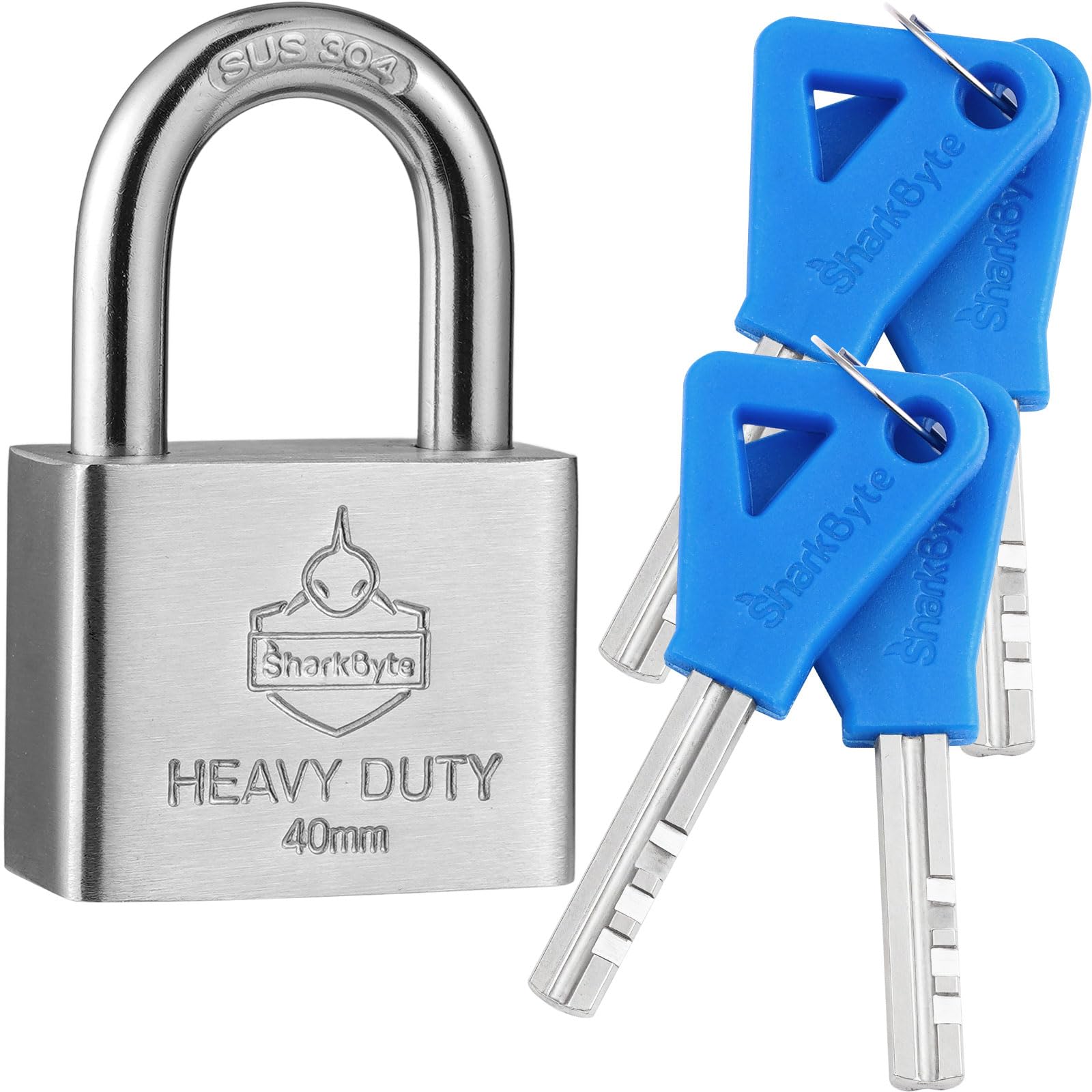 Sharkbyte [Never Rust] Heavy Duty Waterproof Outdoor Padlock With 4 Keys [40Mm] 100% Stainless Steel Hardened Body & Mechanism, Weatherproof Lock, Anti-Corrosion For Locker, Shed, Garage, Gate Etc