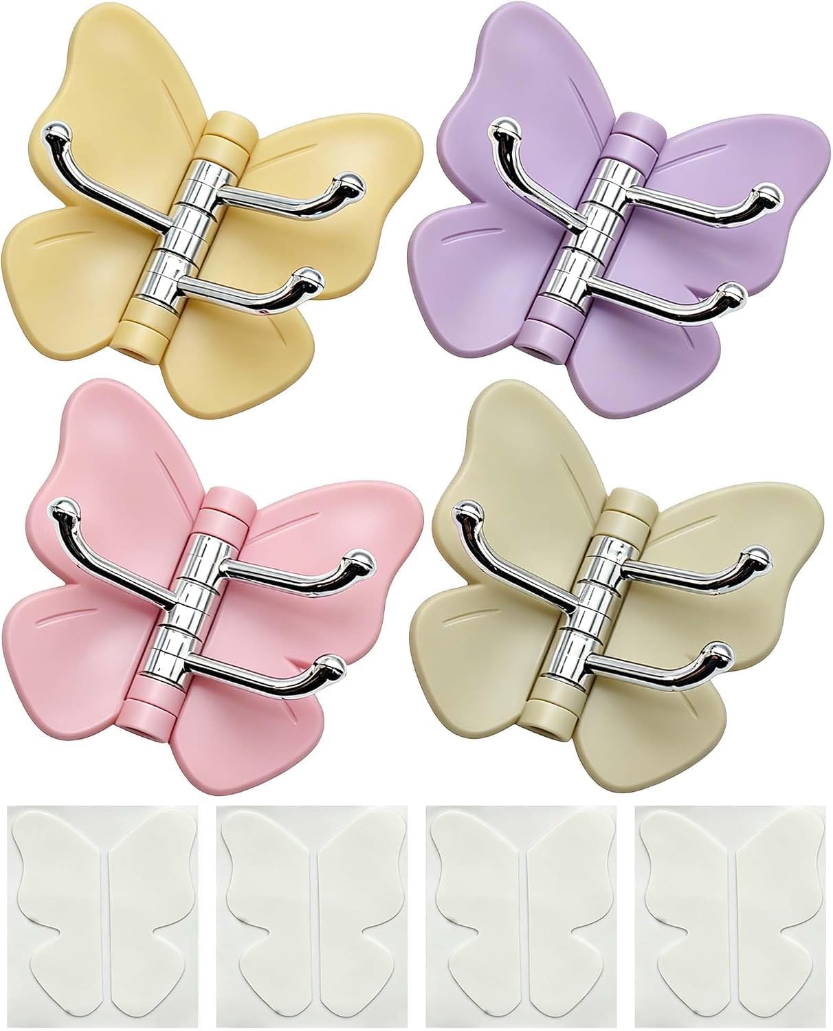 (4 Pack) Butterfly Triple Prong Swivel Hooks with Strong Adhesive | ABS Wall Hooks No Drill Utility Hooks for Hanging Keys Jewelry Scarf, Multi Color, Aesthetic Home Decor Accessories-image-5