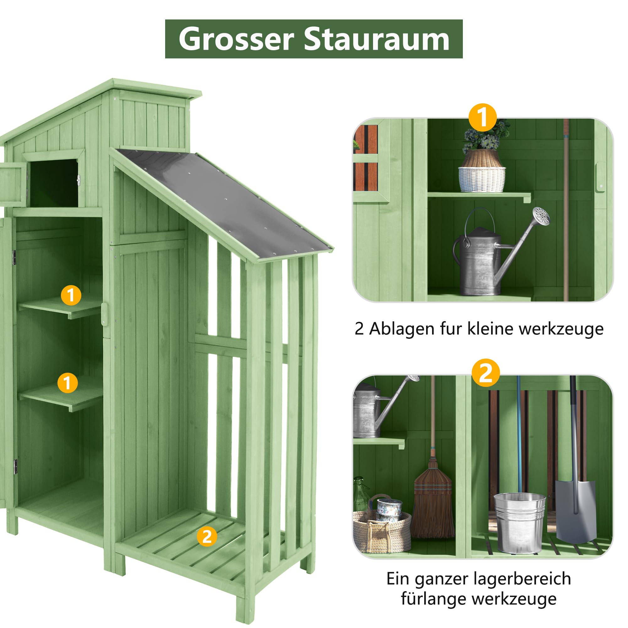 Gerätehaus Holz, Geräteschuppen, Outdoor Schrank 124x46x174cm, Geräteschrank mit Boden, Grün