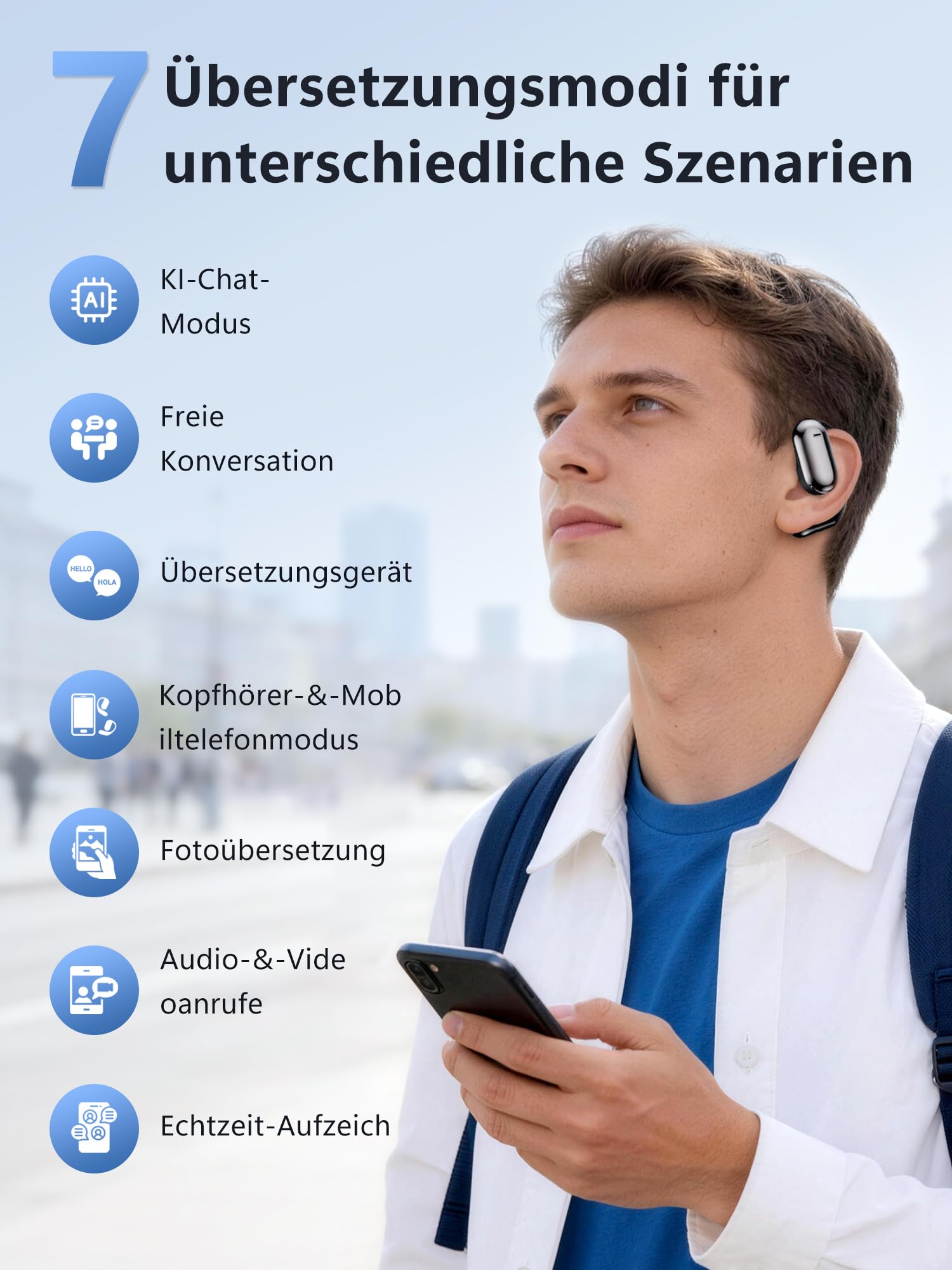 KI Kopfhörer Übersetzer in Echtzeit 4-in-1: Sprachübersetzer Kopfhörer 164 Sprachen 7 Modi mit APP - 75h Bluetooth 6.1 Übersetzung Ohrhörer mit iOS Android - ENC Übersetzer für Reisen Geschäft Lernen