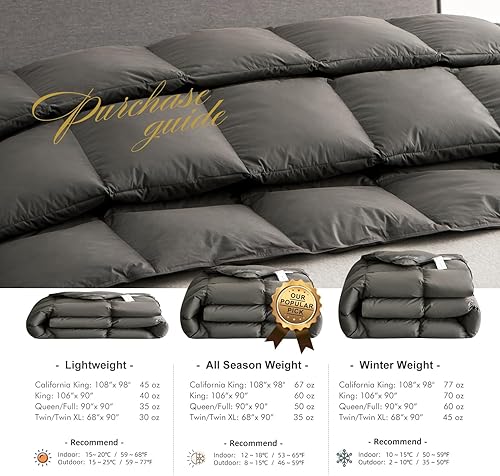 Miniatura 6 de Royoliving - Edredón de plumas de pato gris, pesado, tamaño Queen o matrimonial, grueso, gris carbón, funda de 100 % algodón, para el invierno, con