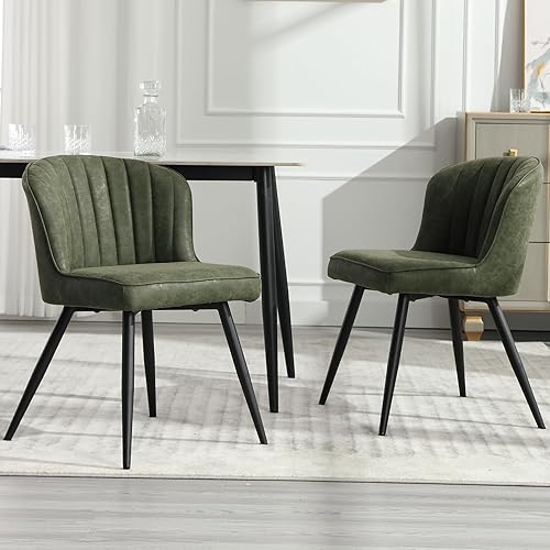 Miniatura 10 de Shuizhi - Juego de 2 sillas de comedor de cuero marrón modernas, sillas de comedor tapizadas con respaldo de conchapatas de metal, sillas laterales