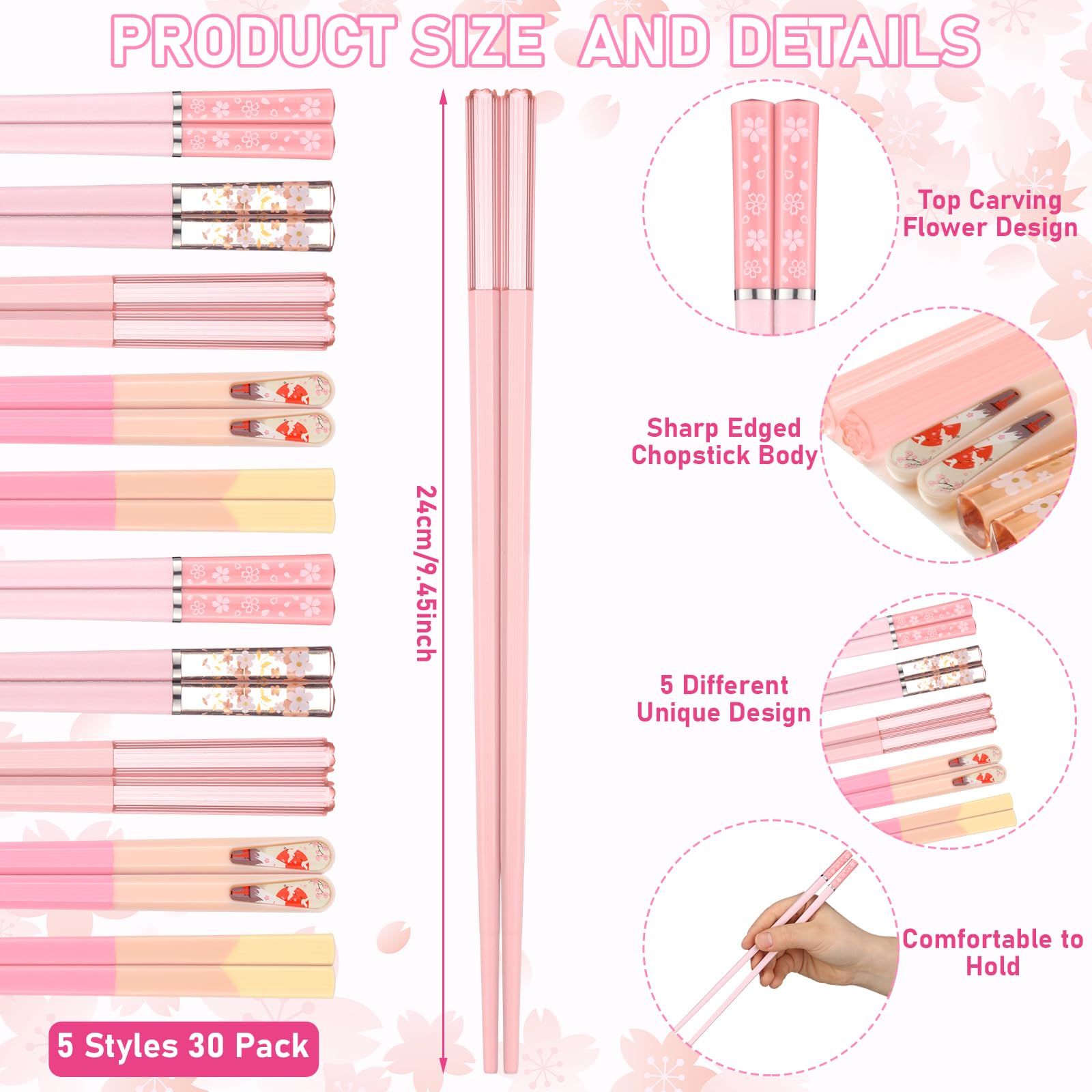 Honeydak 30 Pairs Pink Cherry Blossom Chopsticks Dishwasher Safe 9.57 Inches Non Slip Reusable Lightweight Fiberglass Chop Sticks Cute Japanese Chinese Utensils Gift Set for Party