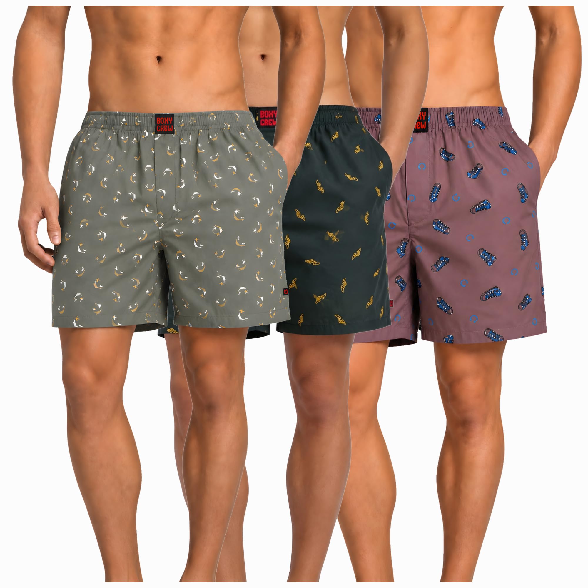 Men's 100% Cotton Boxer Shorts Pack of 3, Green, Dark Teal & Mauve | Woven Boxers with Side Pockets, No-Marks Elastic Waistband, Breathable Relaxed Fit | Style 008-010-015-image-33