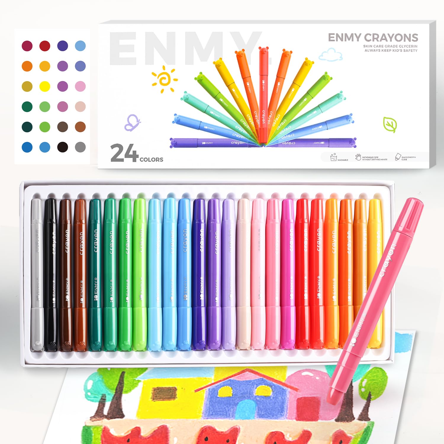 ENMY 24 Colors Gel Crayons, Twistable Non-Toxic Crayons Set, Washable Jumbo Crayons Smooth Texture Crayons for Kids, Easy to Clean Kids Crayons for