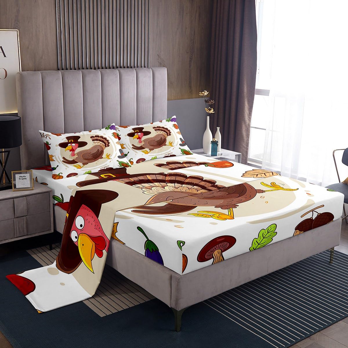 Wild Turkey Bed Sheets Set Full for Boys Kids Cute Turkey Sheet Set,Thanksgiving Day Gifts for Girls Women Autumn Harvest Decoration Fitted Sheet Fall