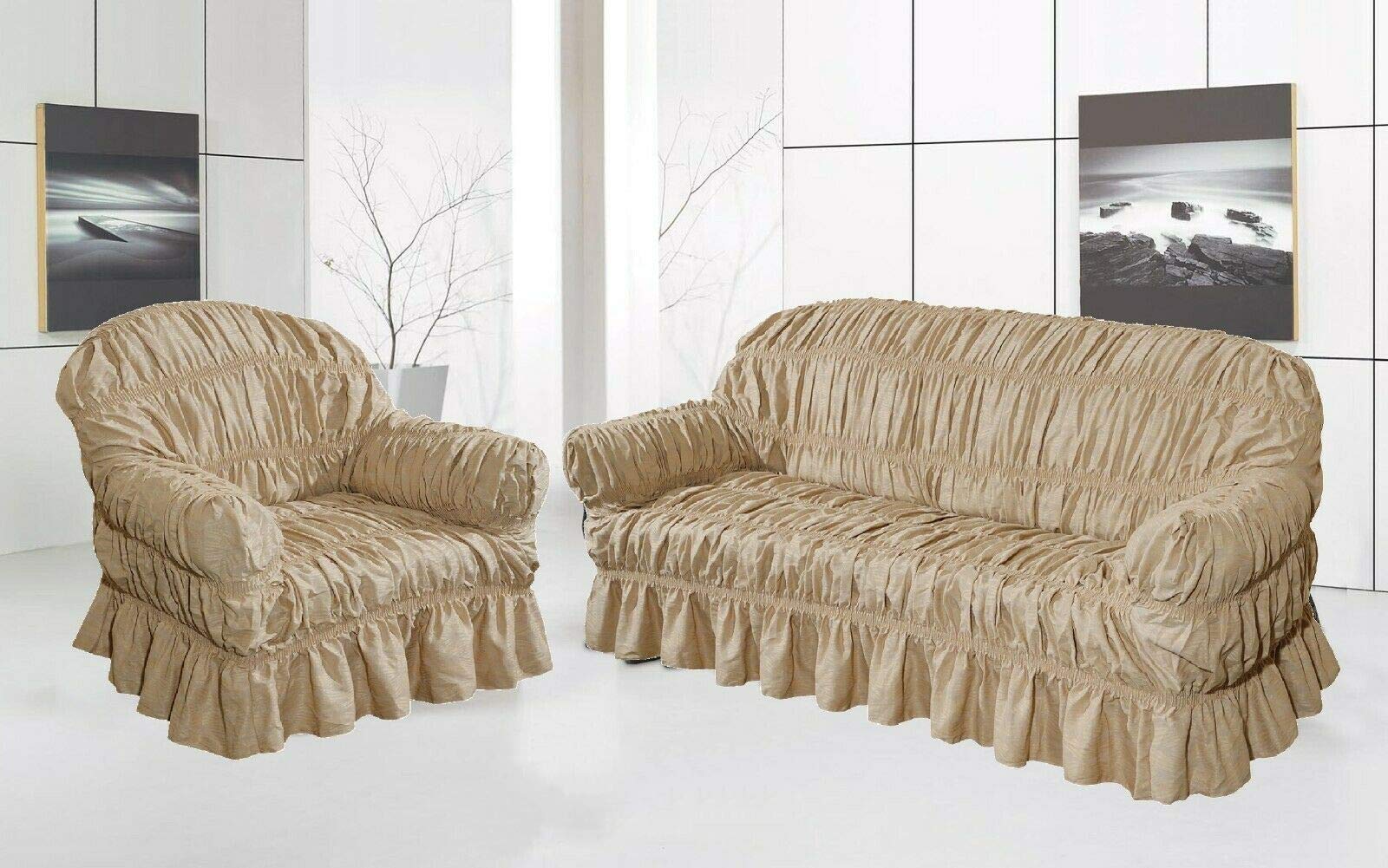 Jacquard Sofa Cover & Slip Cover Seater/Alternate to Sofa Throw (BEIGE NEW SOFA, 2 SEATER)