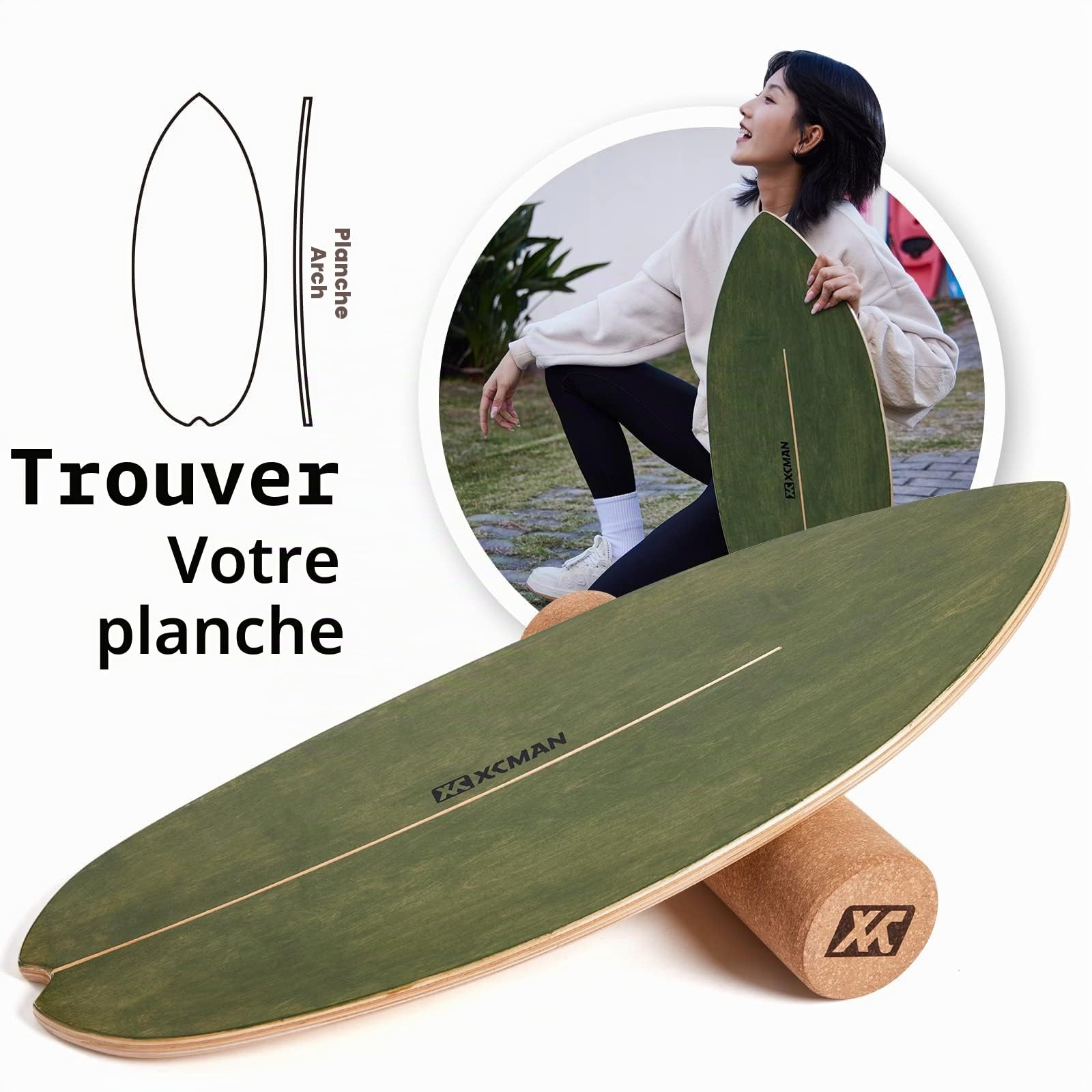 XCMAN Planche d'équilibre de Surf avec Rouleau en Bois - pour Adultes et Enfants - Planche d'équilibre pour Surf, Snowboard, Skateboard, Hockey, Yoga