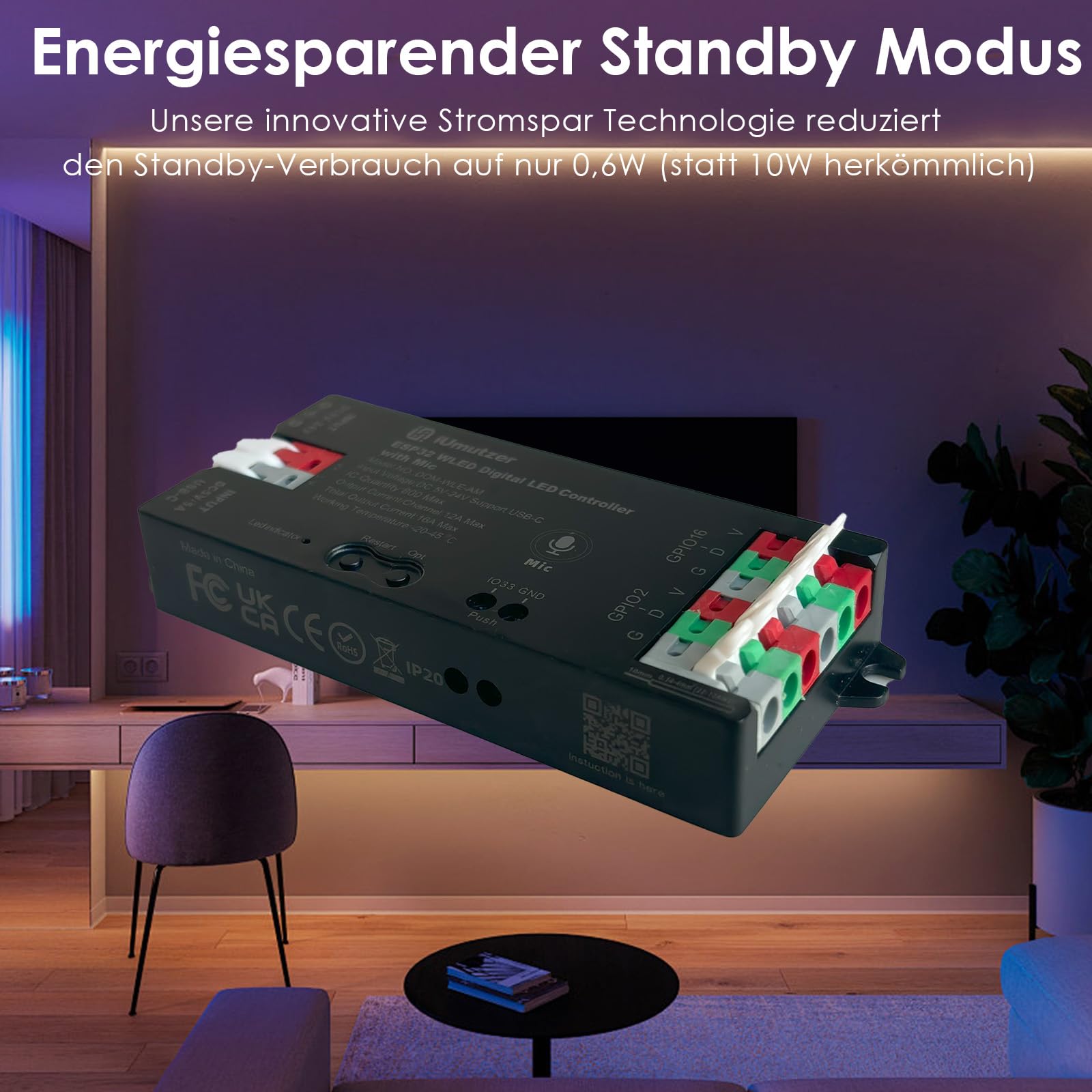 WLED Controller ESP32 mit Mikrofon für Adressierbarer LED Streifen Digital RGB IC WS2811 WS2812B SK6812 WS2815 (WLED Controller USB-C & UART)
