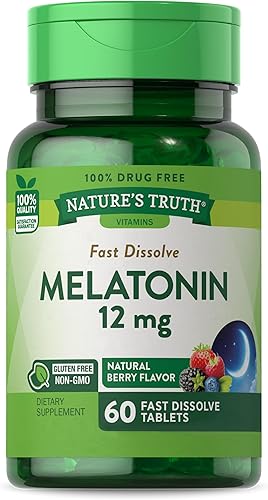 Melatonina 12mg  60 tabletas de disolución rápida  Sabor natural de bayas  Vegetariano, sin OMG, sin gluten  por Nature's Truth
