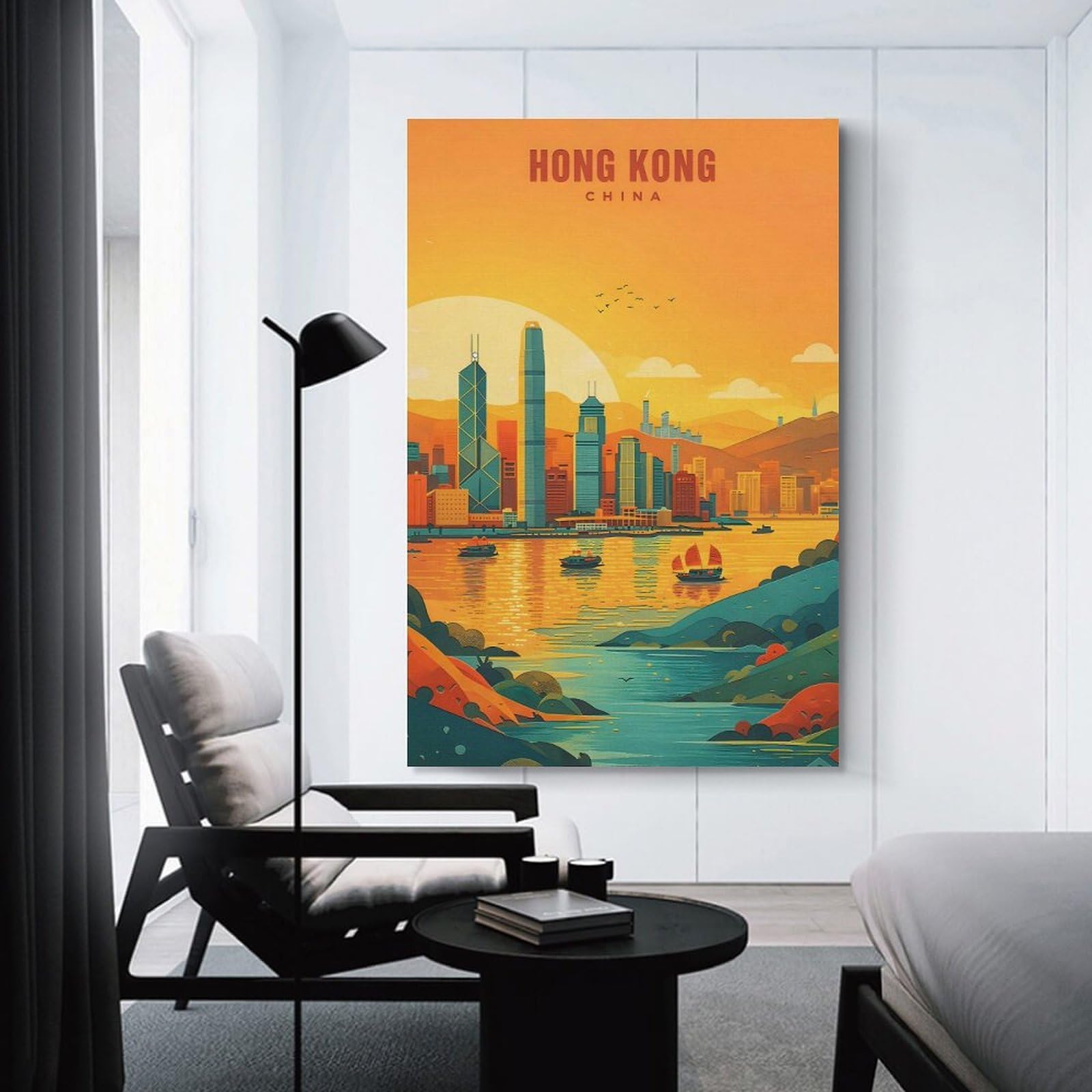 Junmoney Wall Picture Print Hong Kong Skyline at Sunset, 20x30inch(50x75cm), for Lounge, Bedroom Or Personal Spaces, Canvas Artwork with Gifting Potential