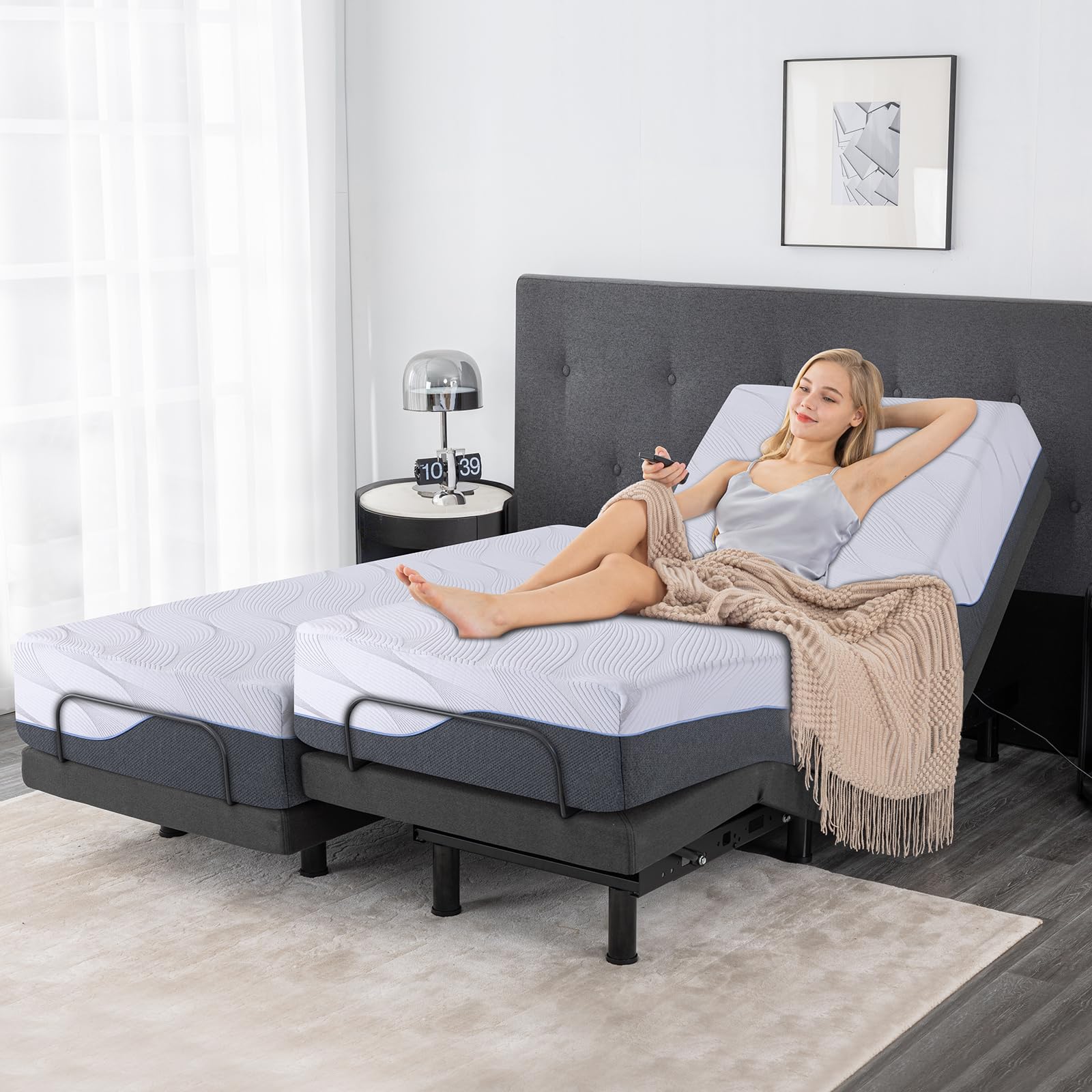 Split King Adjustable Bed Bases with Mattress, 12 Inch White Gel Memory Foam Medium-Firm Mattress in Box, Adjustable Bed Frame with Wireless Remote, Smart Electric Bed Frame