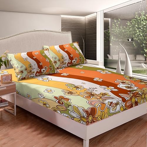 Juego de sábanas bajeras bohemias vintage para niños y niñas, retro, hippie, flores, margaritas, tamaño Queen, 60S y 70S, Groovy floral, decoración
