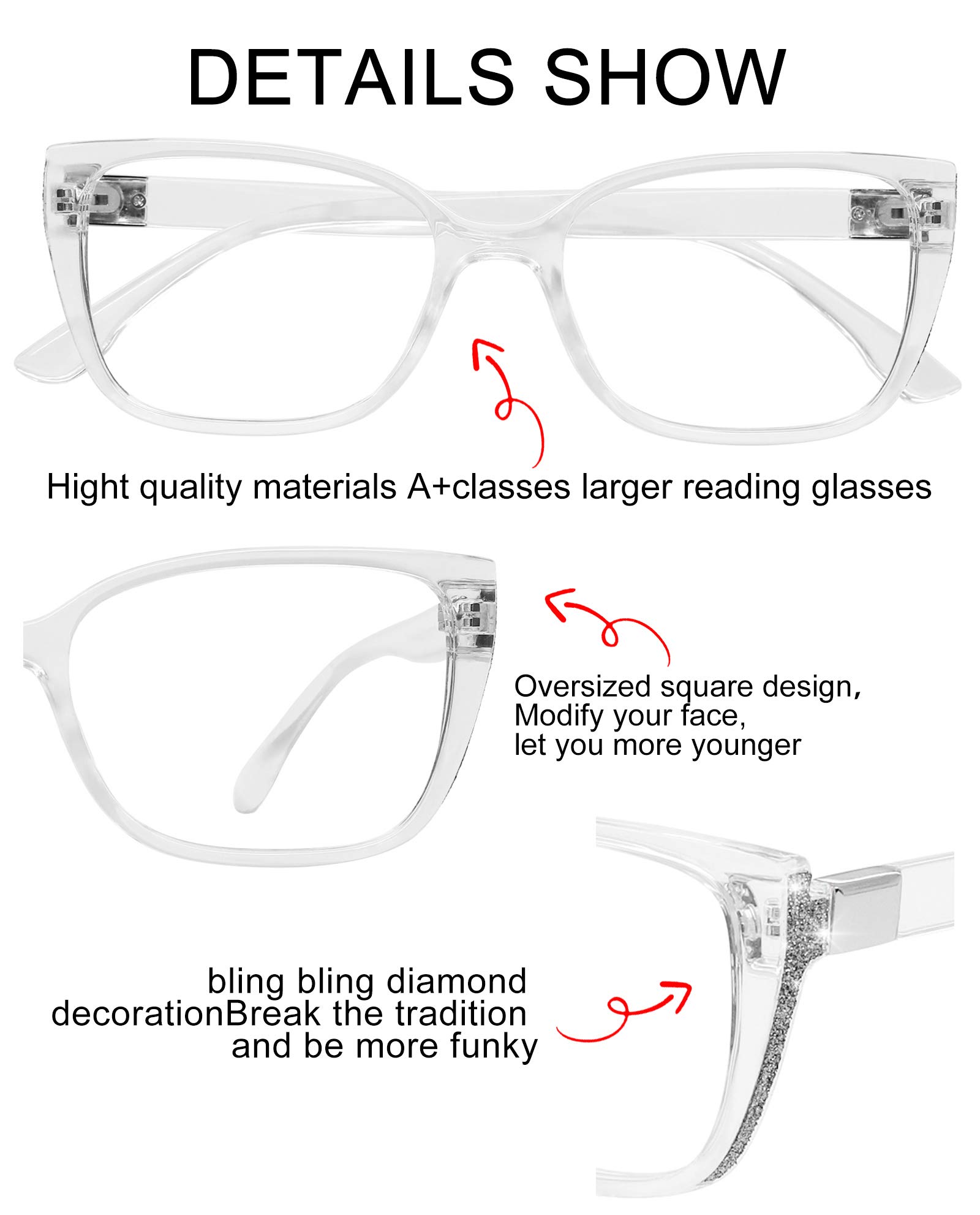OCCI CHIARI Square Reading Glasses for Women 3.0 Clear Readers Glasses Womens Reading Glasses for Reading Sturdy Hinge (Transparent - Image 3