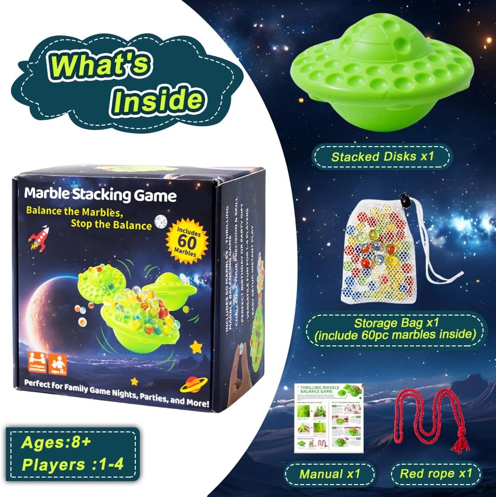 Marbles Balance Game for Kids - 60 Colorful Marbles Built-in Storage, Fun Family Party Games,Challenge Board Games for Kids & Adults,1-4 Players, Christmas Birthday Gifts Toys for Kids