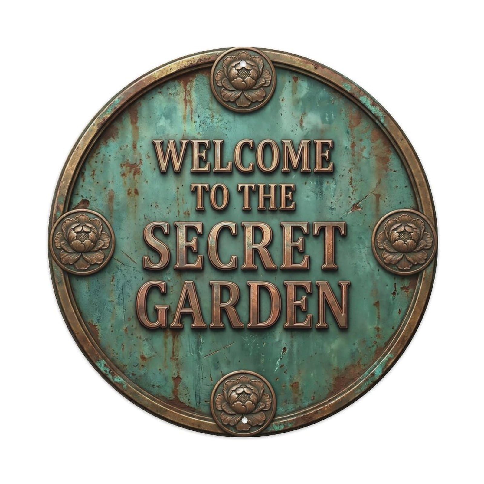 Vintage Welcome Secret Garden Floral Patina Metal Tin Sign