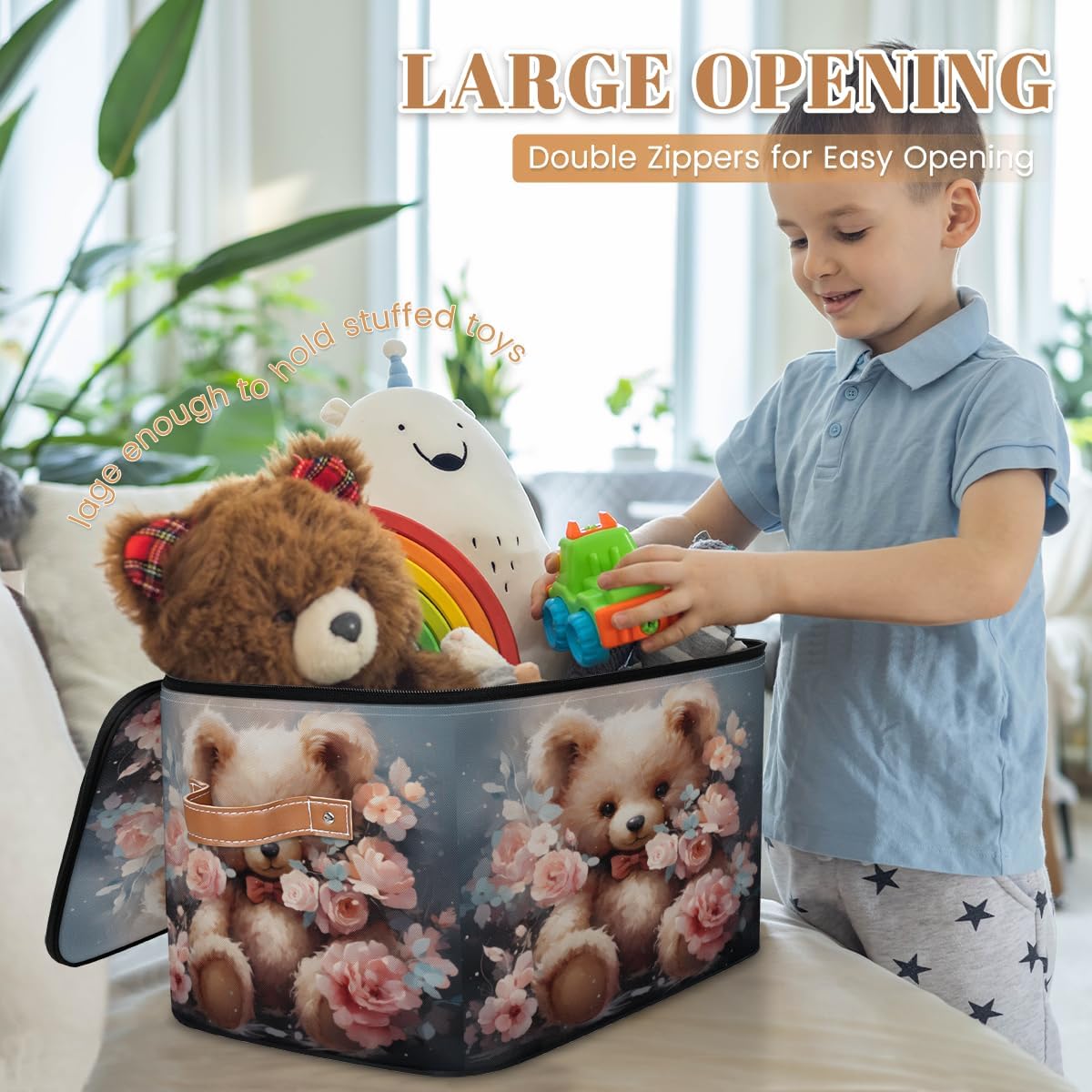 Storage Bin Set of 2 Valentine's Day Bear Storage Basket with Zipper Lid & Handle Foldable Closet Shelf 2 Pack Cloth Organizer Basket Cube Bins Clothes Organizer for Bedroom, Nursery