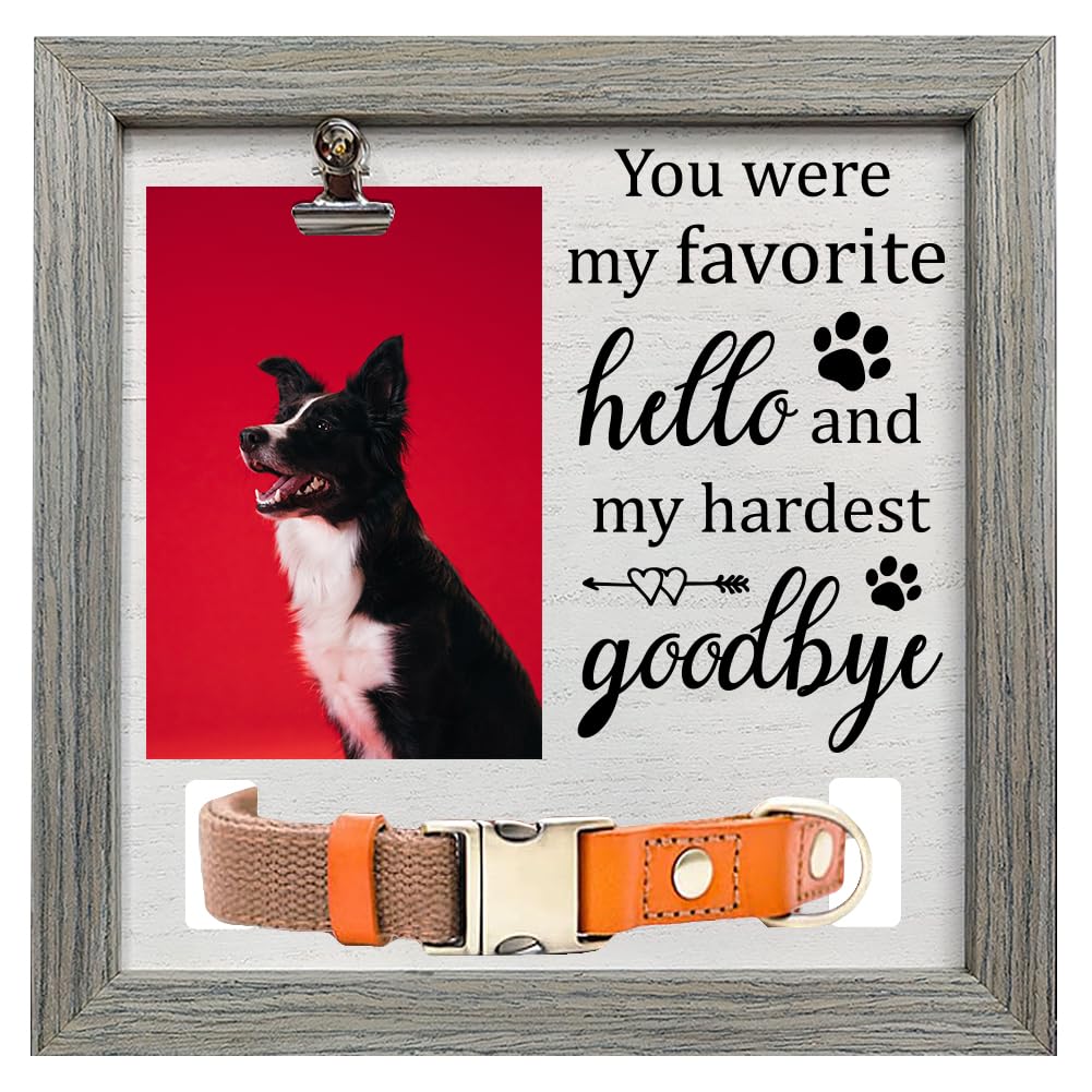 FINGERINSPIREPet Memorial Picture Frame 9x9 inch You Were My Favorite Hello and Hardest Goodbye Pet Picture Frames with Photo Clip & Collar Holder Wood Memorial Gifts Frame for Loss of Dog Cat Pet