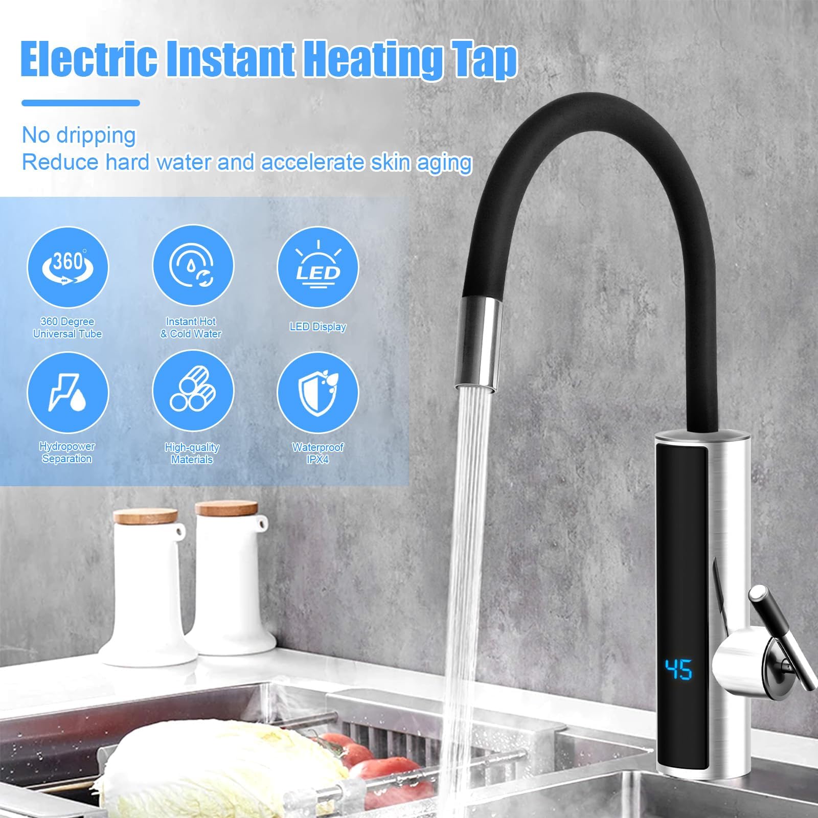 Robinet de chauffe-eau instantané sans réservoir 3000 W 220 V Robinet d'eau chaude électrique pour salle de bain 3 secondes avec affichage numérique de la température (noir)