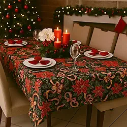Toalha de Mesa Natal Natalinas 6 Lugares Cadeiras Oxford Premium para Cozinha (Natal Floral Fundo Preto)