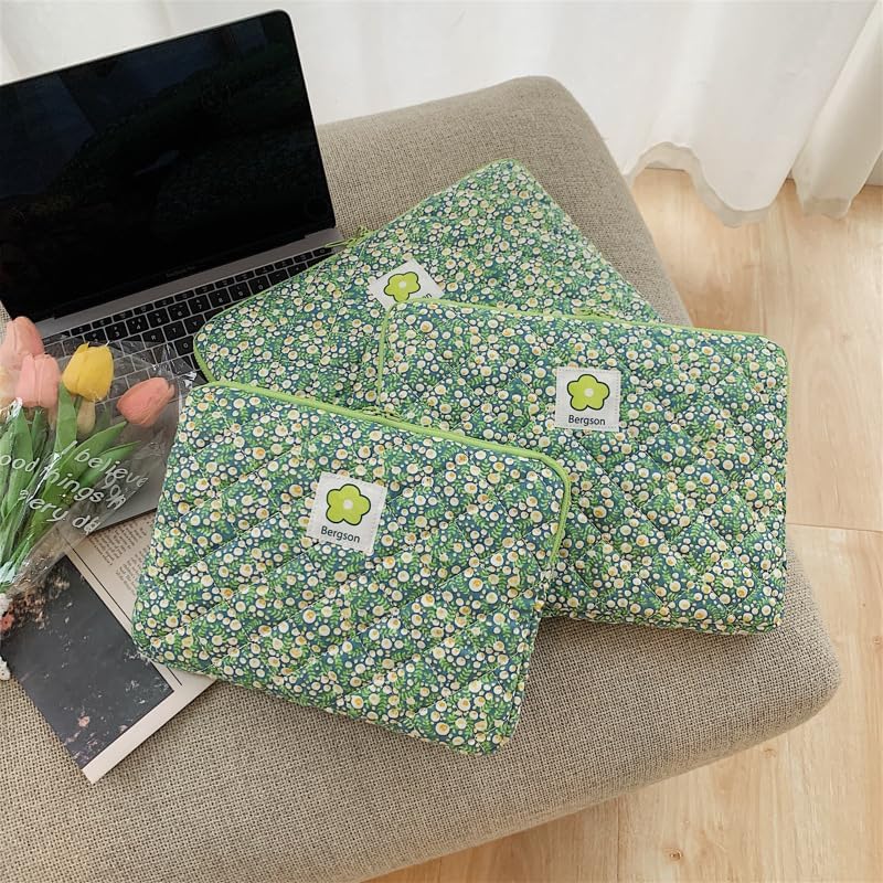 11-15.6 Inch Cute Puffy Laptop Sleeve Fairycore Floral Carrying Laptop Bag Cover Kawaii Aesthetic Tablet Liner Pouch Preppy Stuff Cottagecore Office Accessories (Green Flower,15 Inch)