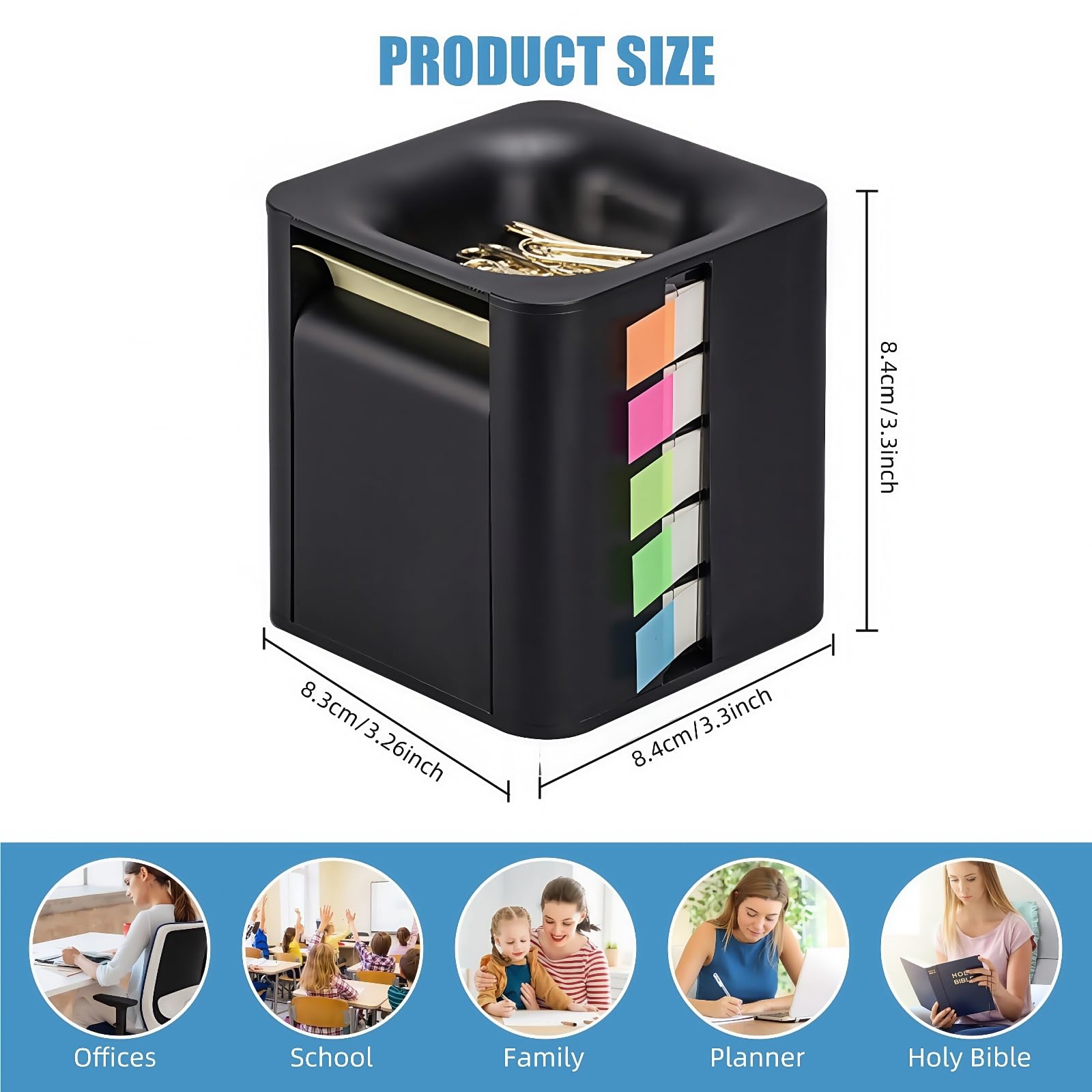 5-in-1 Sticky Note Holder & Dispenser - Pop Up Sticky Notes and Transparent Tabs, Magnetic Paper Clip Holder, Roll Sticky Notes - Multifunctional Cube Desk Organizer for Office,School & Homel(Black)