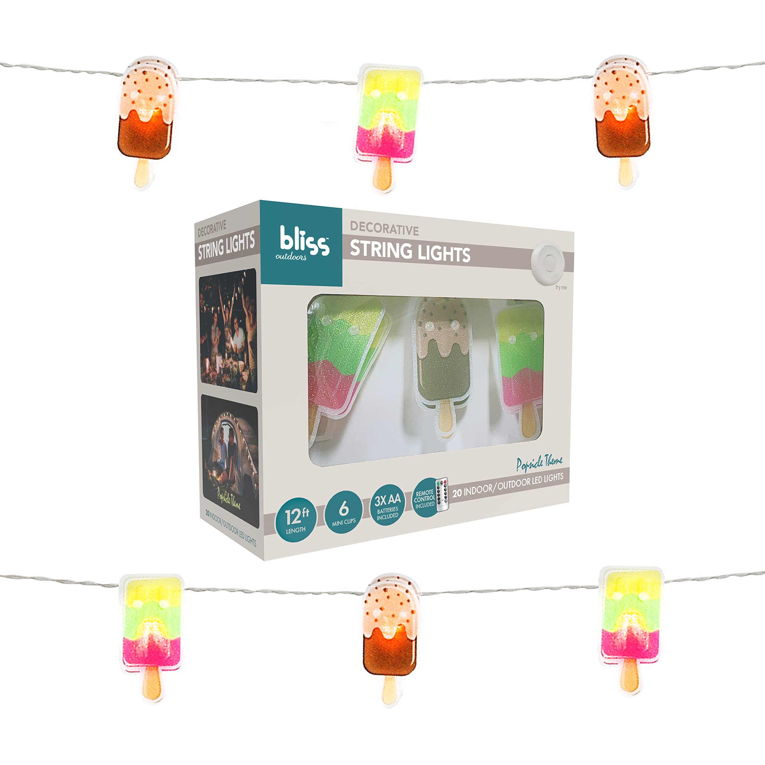 Bliss Hammocks String Lights BSL-300-POP 12 Ft Themed String Lights w/Hanging Clips, 20 LEDs (Warm White) & Remote, Garden, Parties, Battery Operated, 8 Lighting Modes w/Timer,& Waterproof IP44