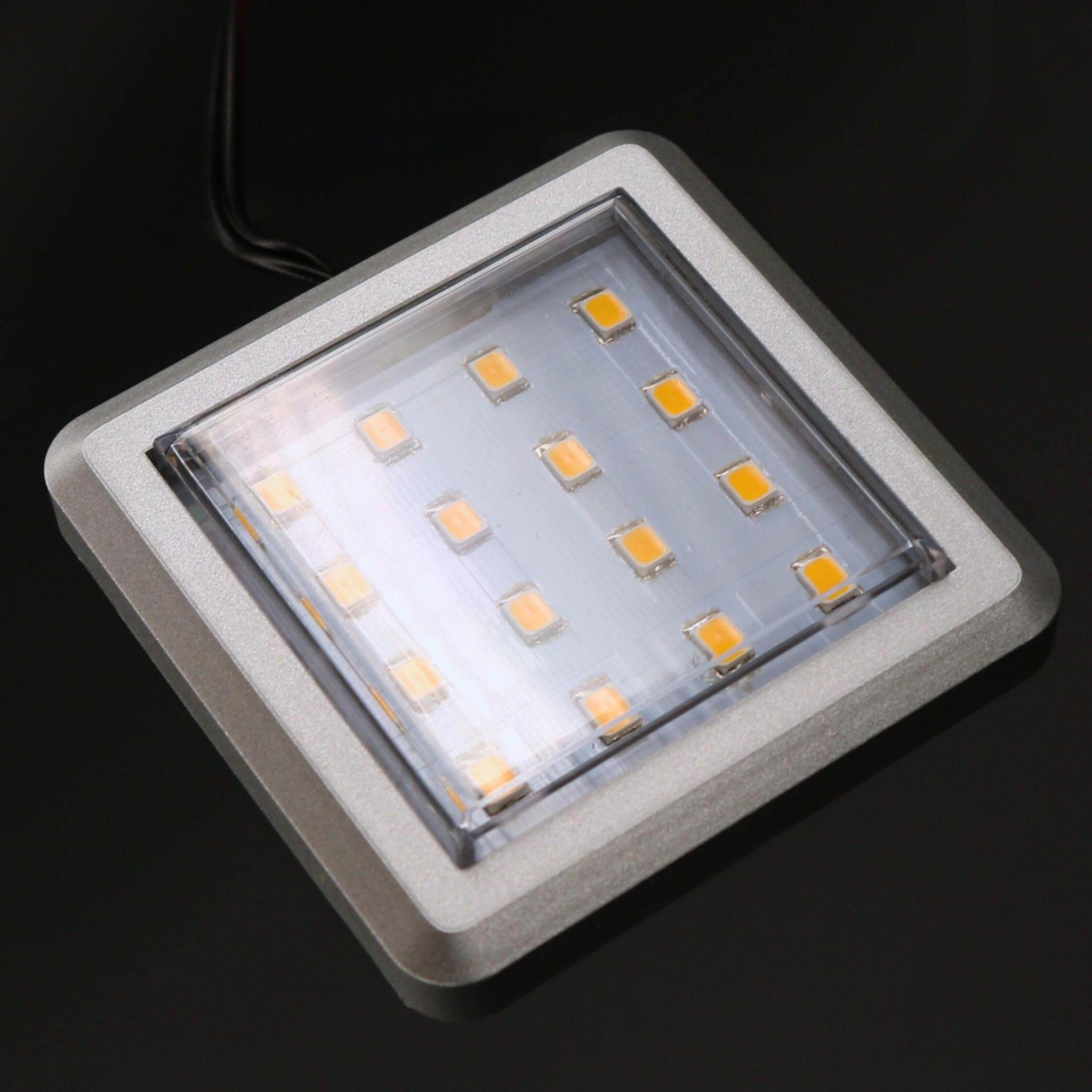 kalb | LED Vitrinenleuchte Quina, 3000K, 12V, mit Fußschalter, 1-10er Set, silber matt, quadratisch, 53mm, mit Erweiterung dimmbar (10er Set)
