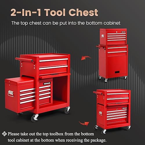 Miniatura 4 de IRONMAX Caja de herramientas rodante, armario de herramientas con cerradura de 6 cajones con 4 ruedas universales, caja de herramientas desmontable