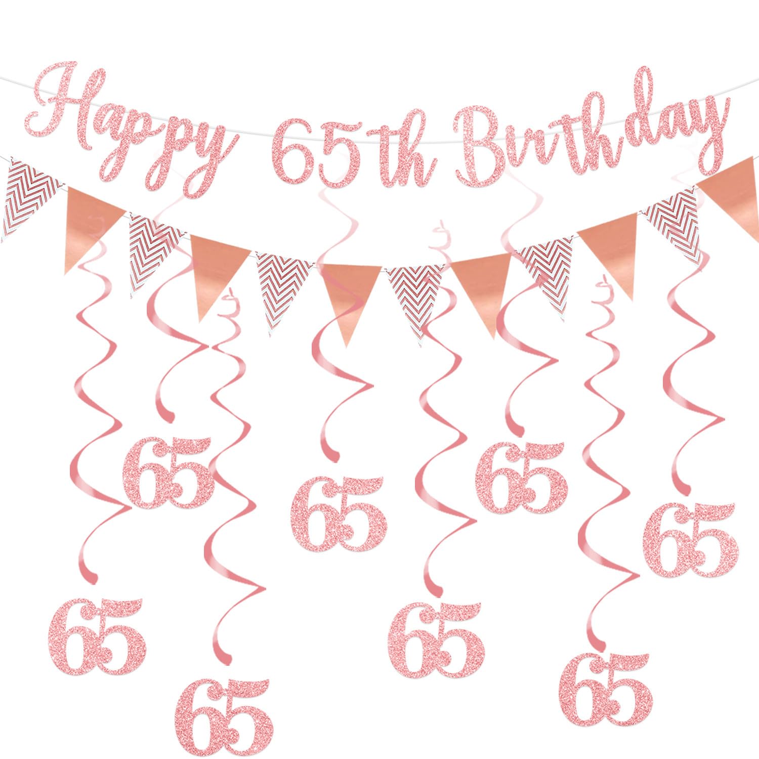 Elicola 65th Birthday Party Rose Gold Decorations Happy 65th Bunting Banner With Hanging Swirls Streamers for Womens Birthday Anniversary Party Decor Supplies