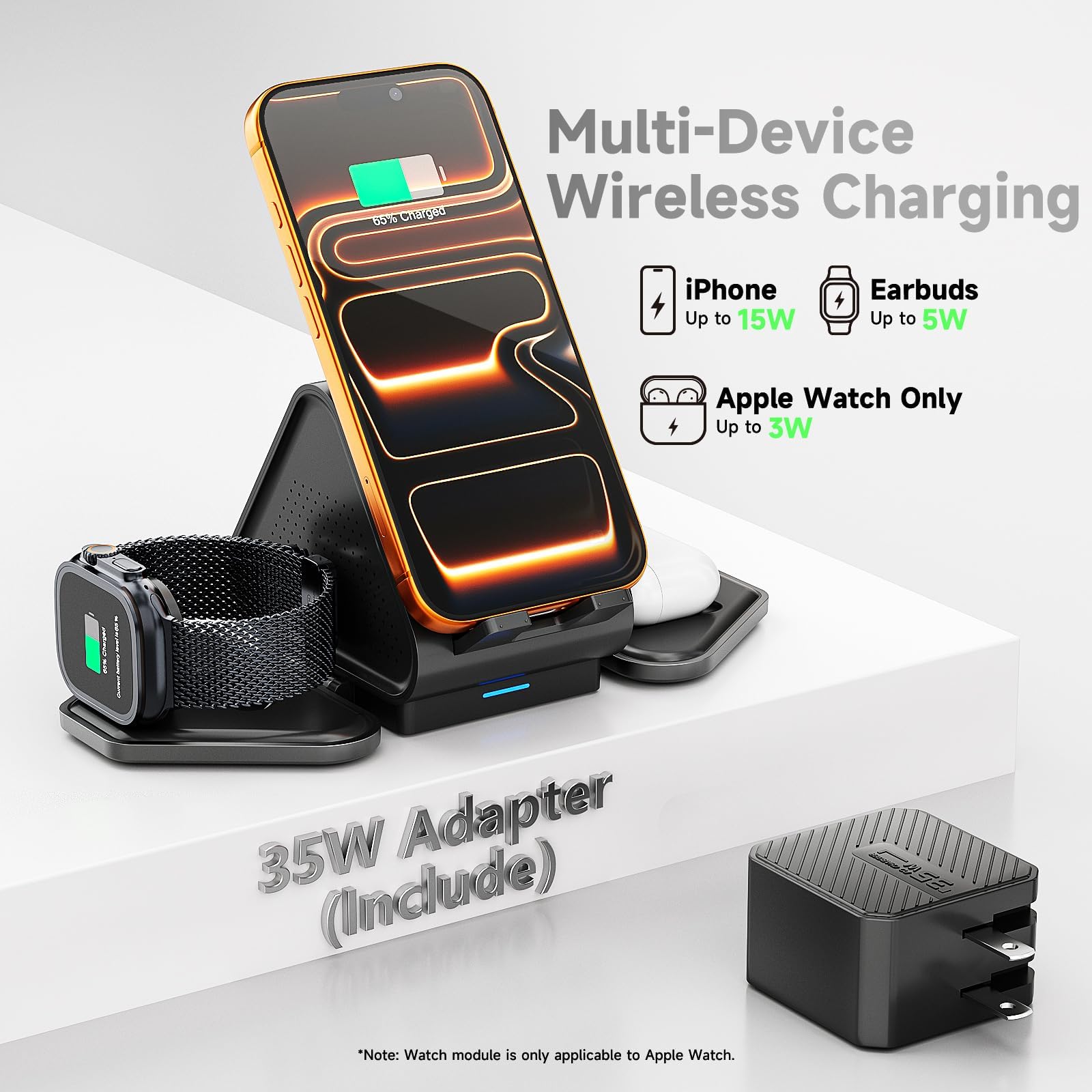 Station de charge 3 en 1, support de chargeur sans fil Mag Safe, compatible Qi2, station de charge magnétique à plusieurs appareils 15 W pour iPhone 16, 15, 14, 13, 12, Apple Watch, AirPods (chargeur