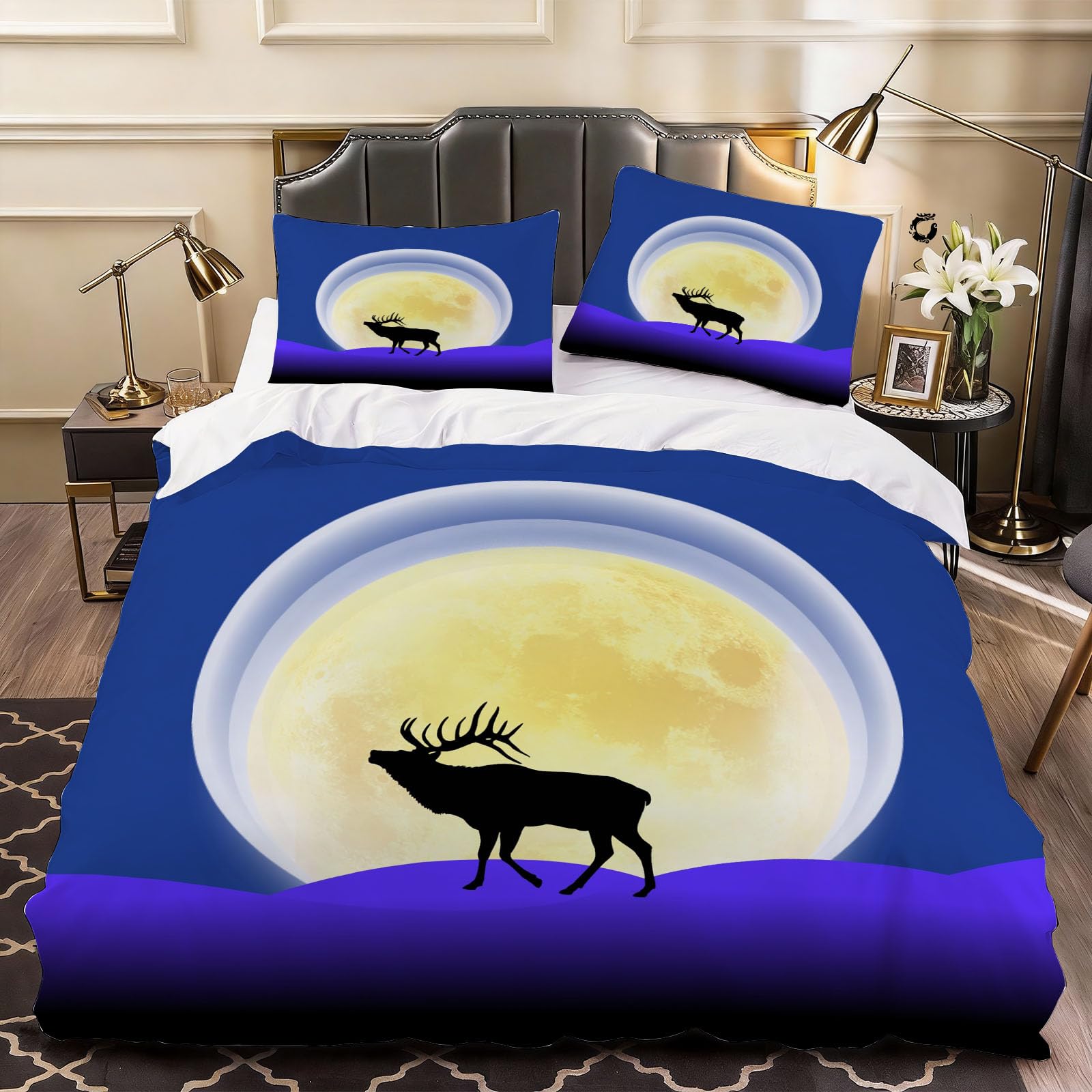 3D Deer Silhouette Duvet Cover Deer Silhouette Bedding Double Bed Set, Soft Microfiber Comforter Cover Printed with Zipper Closure Quilt Coverr 200x200 cm and 2 Pillowcases