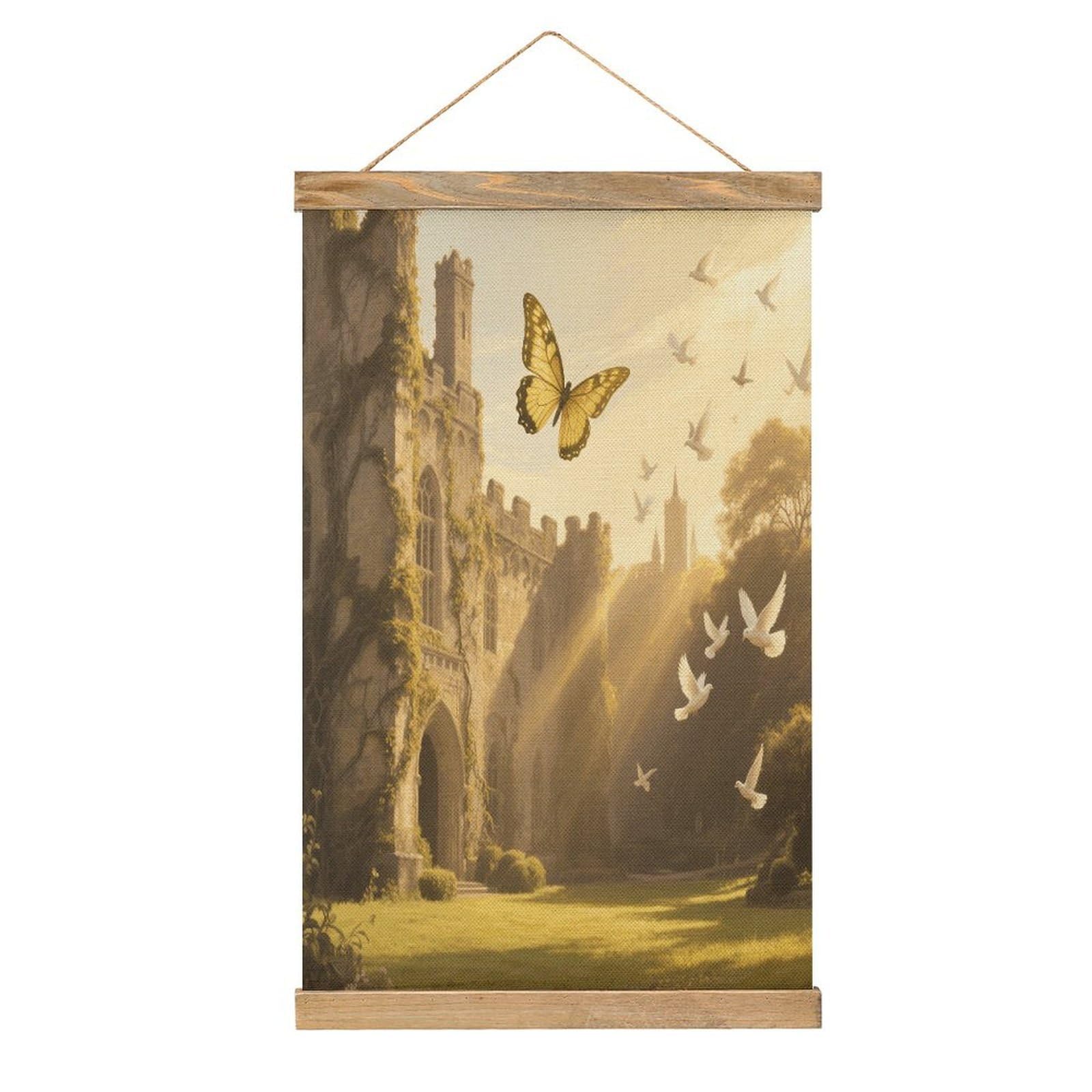 VstaDank Welcome Butterfly Hanging Poster with Wooden Frame Modern Linen Hanging Painting Retro Style Wall Decor Art Painting for Living Room,Bedroom Decor Poster Frame 20.4x13.1inch