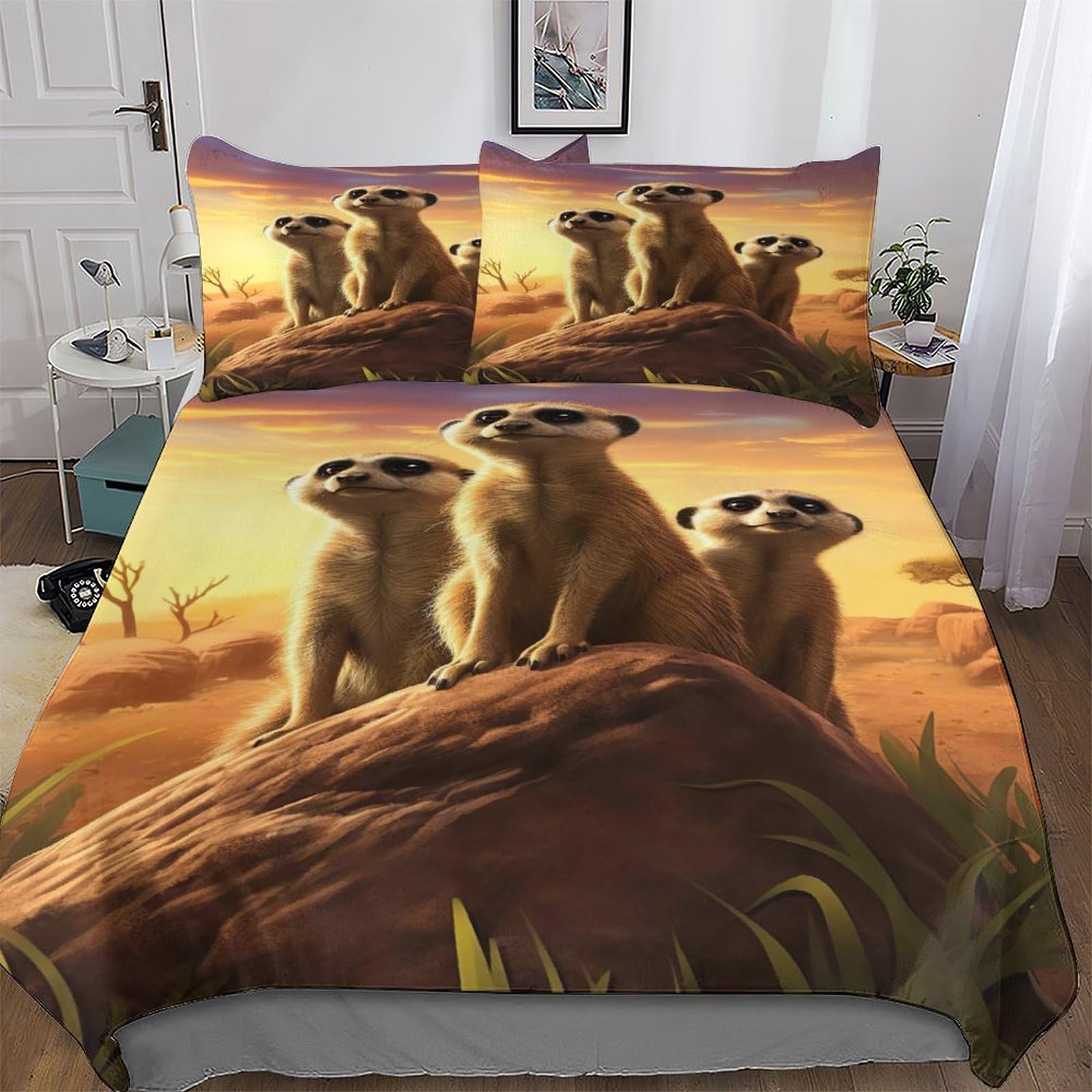 GGJJTT Meerkat Comforter Cover Bedding Set Kids Duvet Cover Bedspread Cover with Pillowcase Soft Quilt Cover for Youth And Adult Double 200x200cm