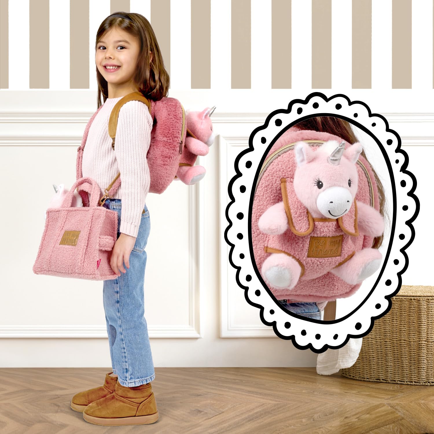 PERLETTI Sac à Dos Peluche pour Enfant 3 4 5 Ans - Mini Cartable Doux Mignon de Voyage et Doudou Animal École Maternelle - Petit Jouet et Sacoche Petite Fille Garçon Bébé - 27x21x9 cm (Licorne)