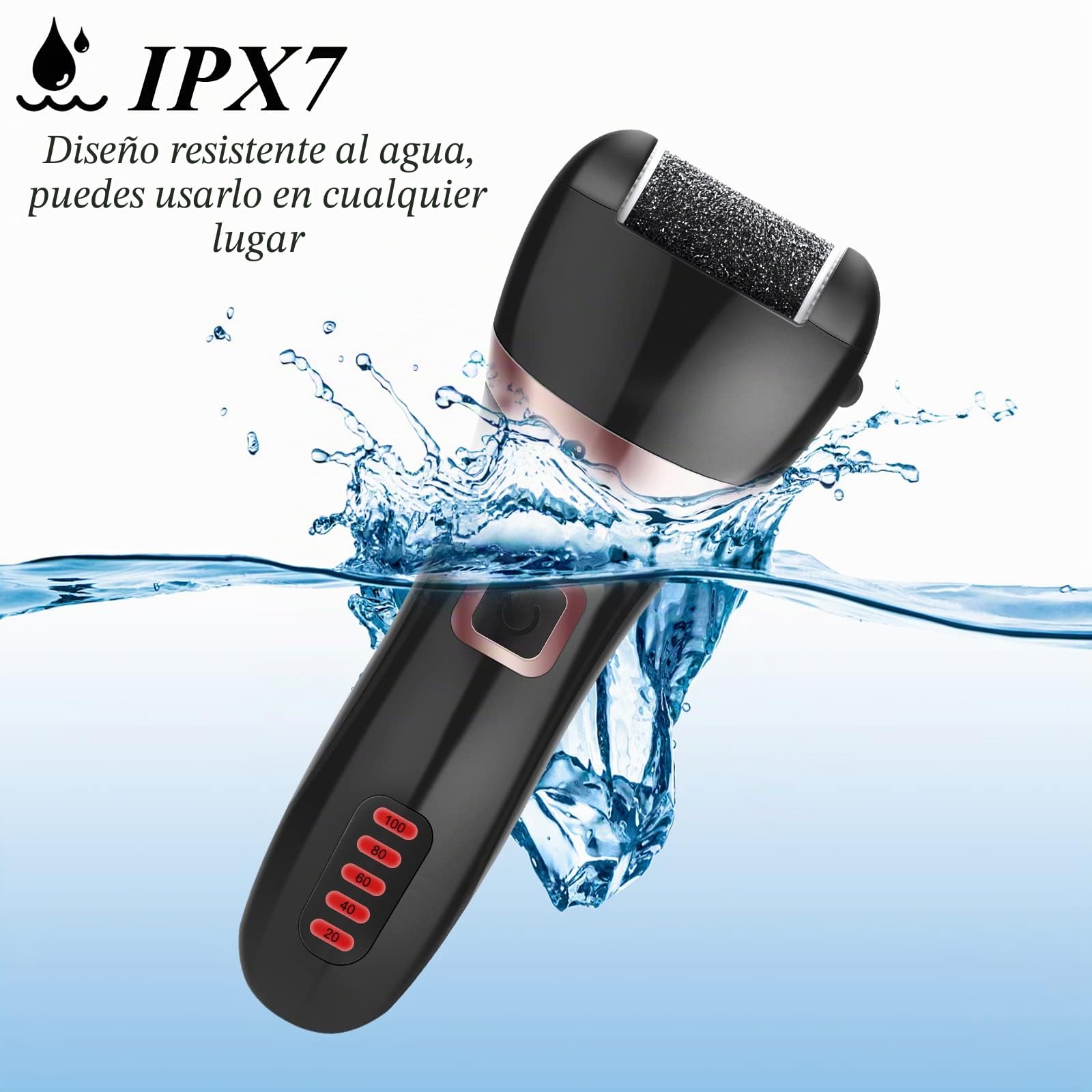 Lima Electrica Pedicura Profesional Recargable IPX7 Impermeable Eliminar Callos Pies Durezas Cuidado Lima Blanca de Metal, 3 Recambios 5 Niveles Bateria 1200MAH 2 Velocidades