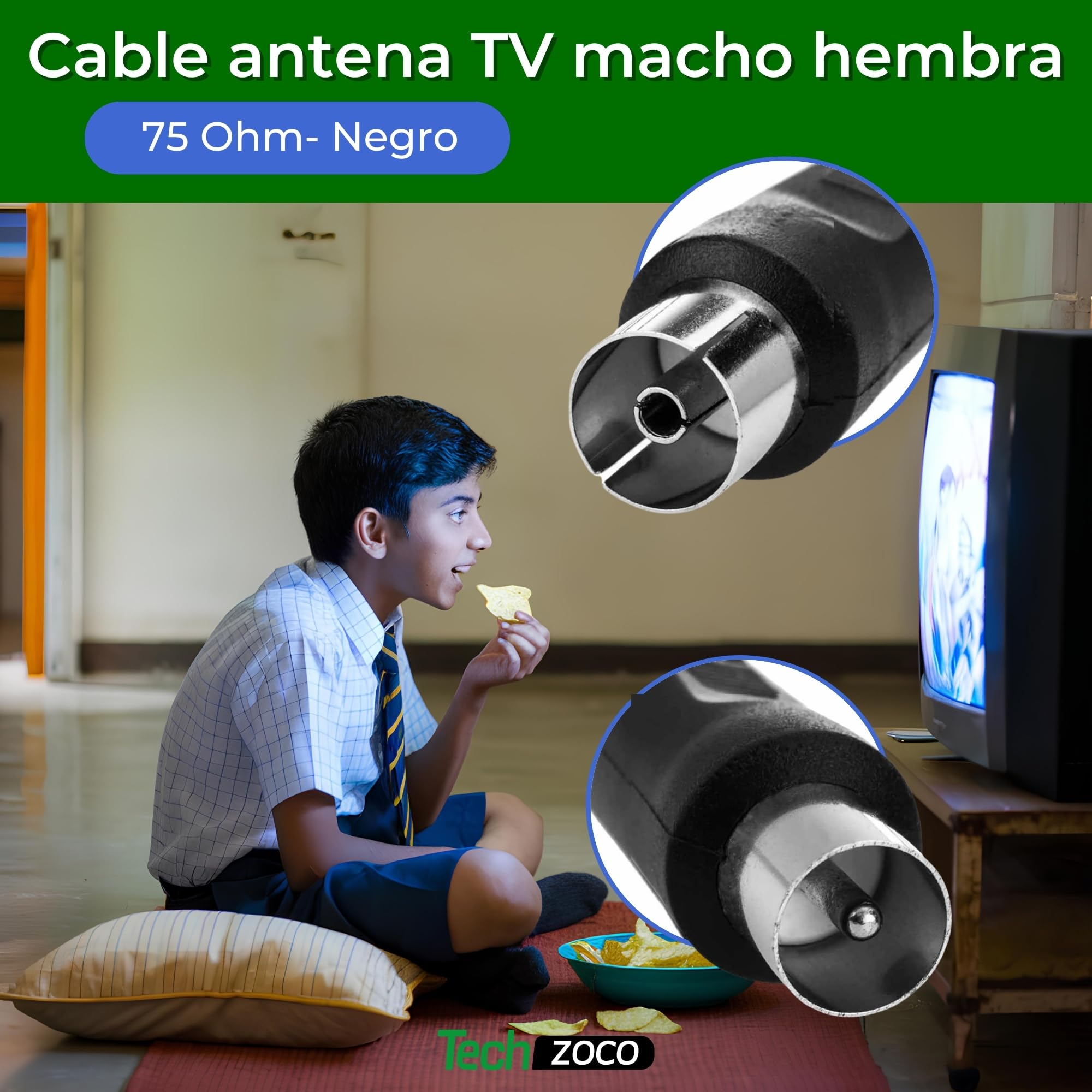 Cable antena TV macho hembra, cable coaxial antena TV, Cable antena TV 90º acodado, Cable televisión, decodificador, 70dB, HDTV, DVB-T2, DVB-C, DVB-S, TV y Radio, 75 Ohm, Negro, 1.5 metros - imagen 2
