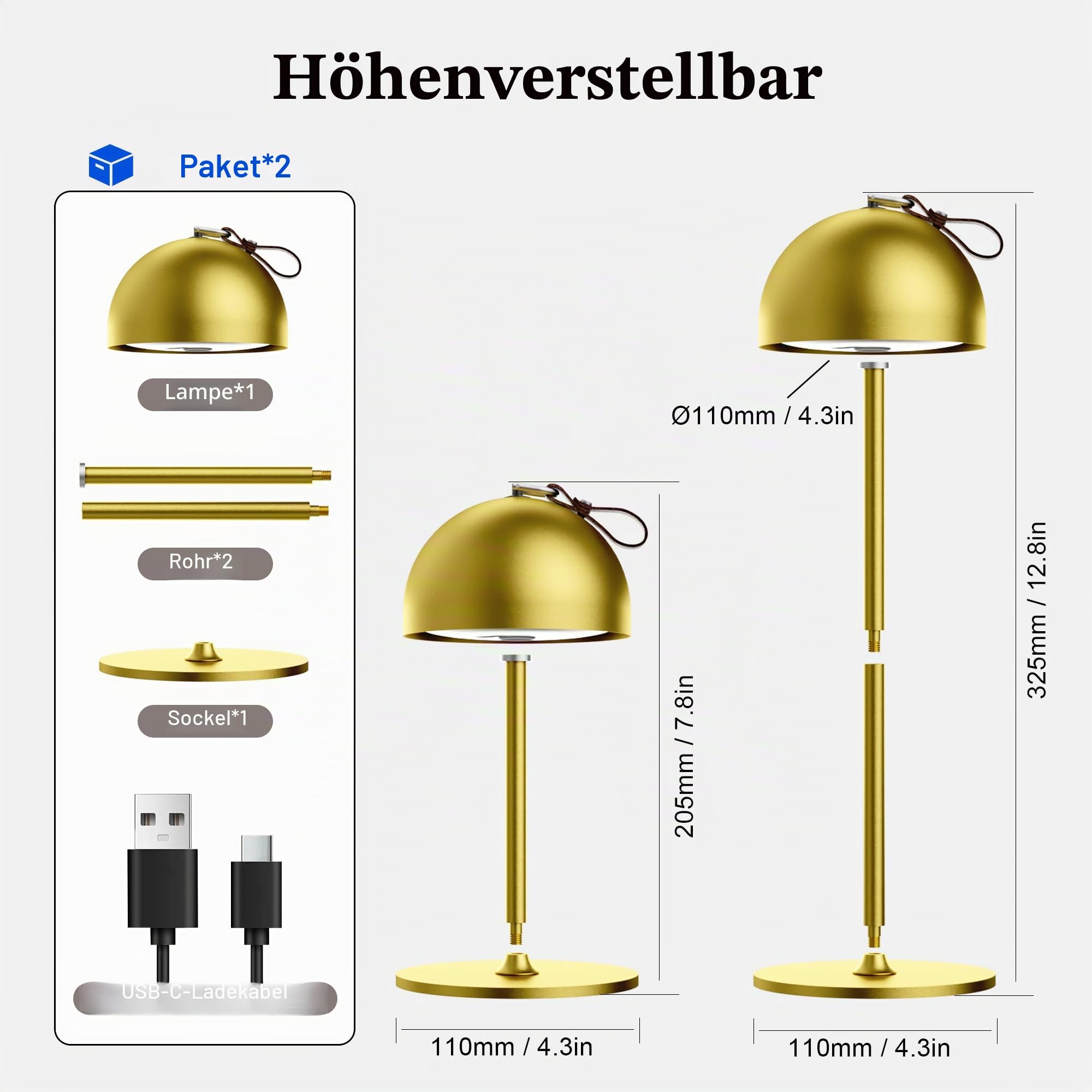 DEELUX 2 Stück Akku Tischlampe Kabellos Dimmbar,3000K Metall IP44 Gold | IP44 Wasserdicht USB-C Metall Akku Tischleuchte Warmweiß 3000K Höhenverstellbar für Restaurant, Schlafzimmer, Büro,Garten
