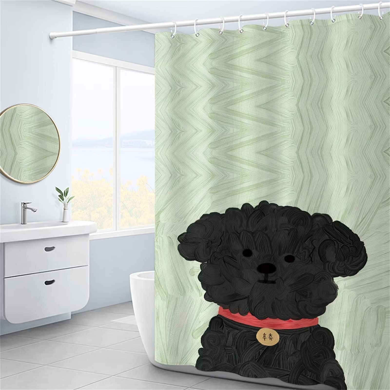 Cane nero Tenda Doccia W300cm x L180cm Tenda per Doccia Antimuffa, Tenda da Esterno Impermeabile Tessuto, 3D Tenda con Ganci per Dormitorio Famiglia Appartamento Hotel Doccia ​Bagno Decor