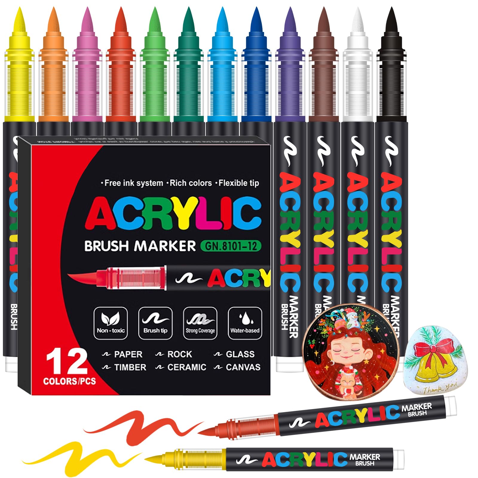 Acrylic Paint Markers, Soft Brush Tip Pens and Markers, Acrylic Paint Pens for Wood, Stone, Canvas, Glass, Fabric, Egg, Rock Painting and DIY Crafts Art Supplies (12)