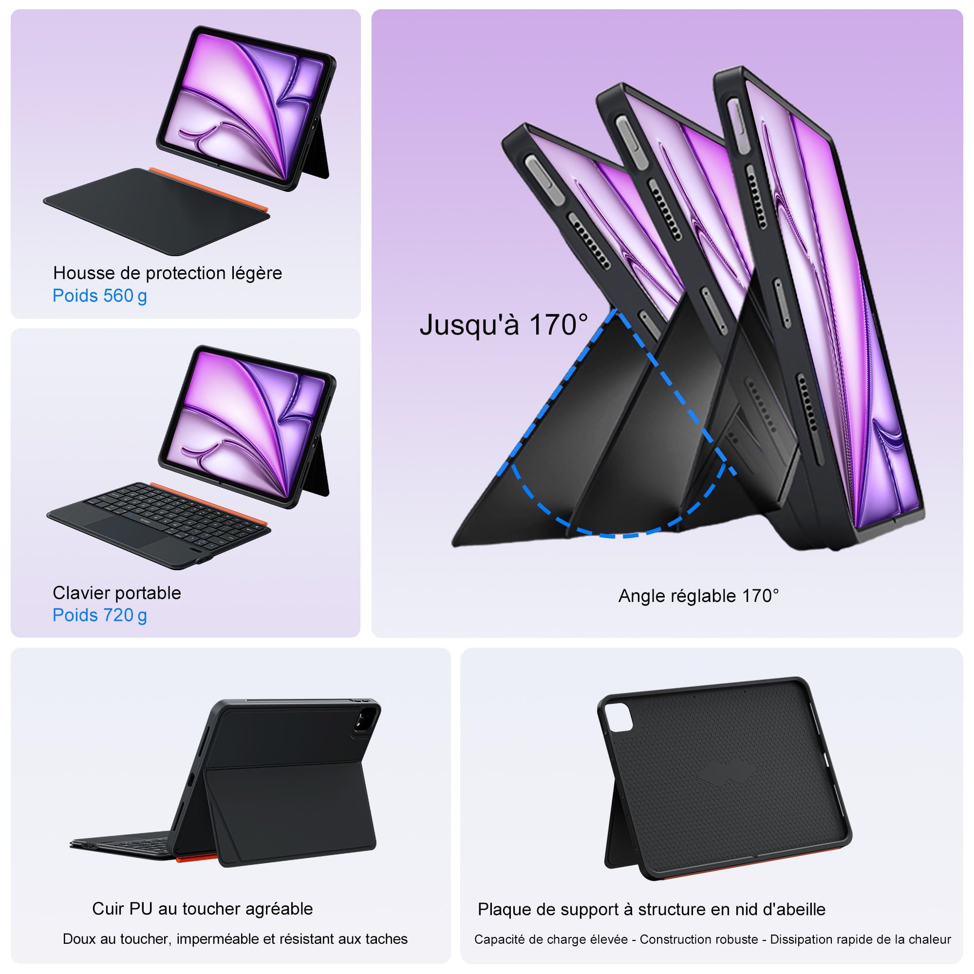 WIWU Clavier iPad Air 13 Pouces M4/M3/M2 Pro 12.9",Étui MagnétiqueDétachable avec Support Réglable 7 Couleurs Rétroéclairées avec Pavé Tactile (Noir, pour Air 13" M4/M3/M2 et Pro 12.9" 6/5/4/3)