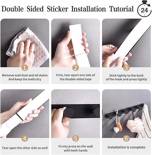 Miniatura 4 de Ganchos para colgar abrigos montados en la pared, perchero negro con 5 ganchos adhesivos y ganchos de puerta atornillados, ganchos resistentes para