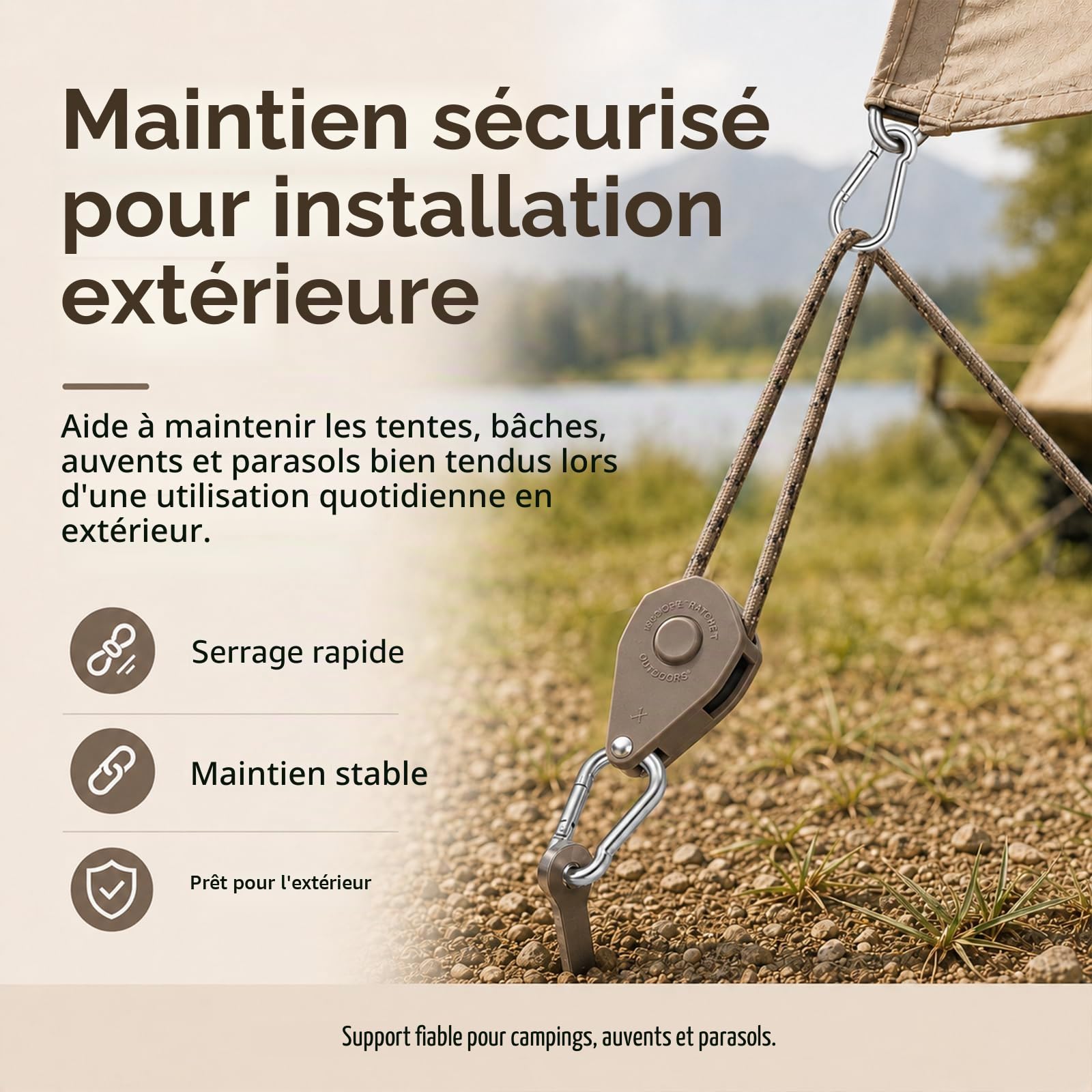 Corde pour auvent avec Crochet et tendeur, 4 m – Sangle à cliquet réfléchissante et réglable pour Lampes de Culture, voiles d'ombrage et auvents de Camping-Car