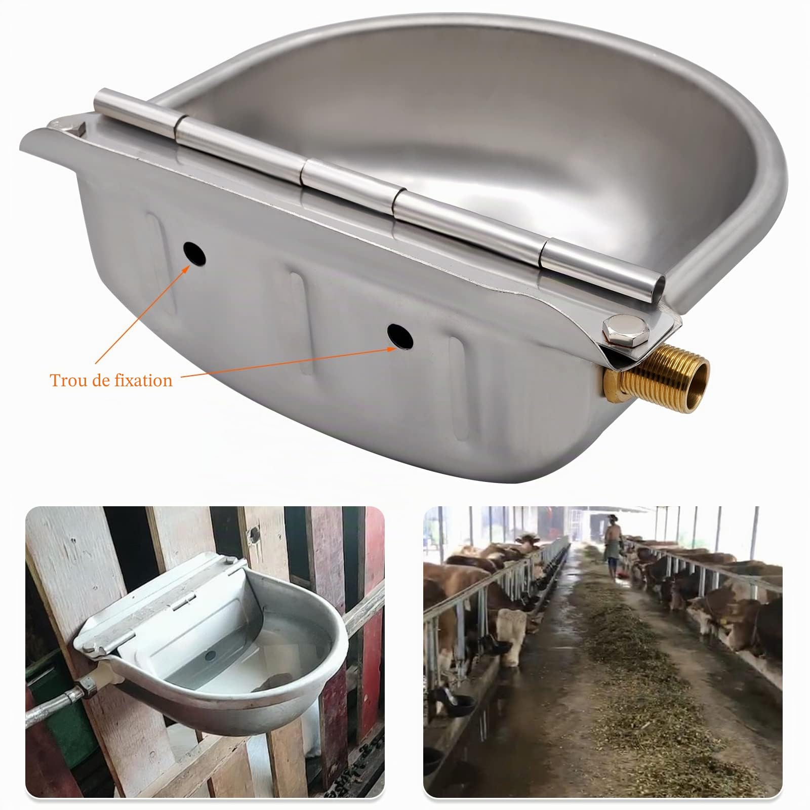 Abreuvoir Automatique en Acier Inoxydable pour Bétail, Élevage et Animaux, avec Robinet Flotteur en Laiton Réglable 1/2" et Bouchon de Vidange pour Chevaux, Chèvres, Moutons et Chiens