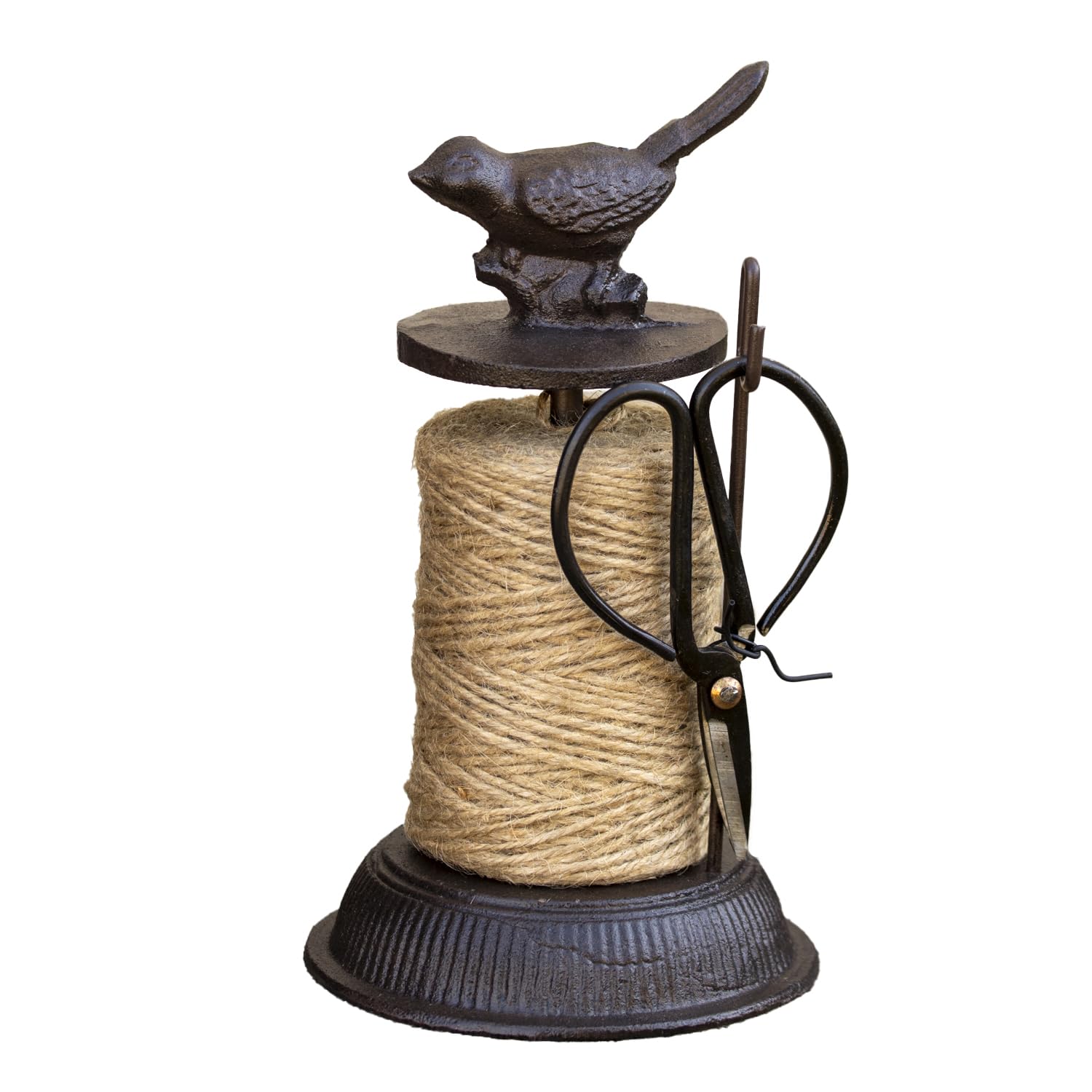 Cast Iron Robin Twine Holder with Scissors, Brown, Vintage Style, Includes 110m Natural Jute String, 12x22cm