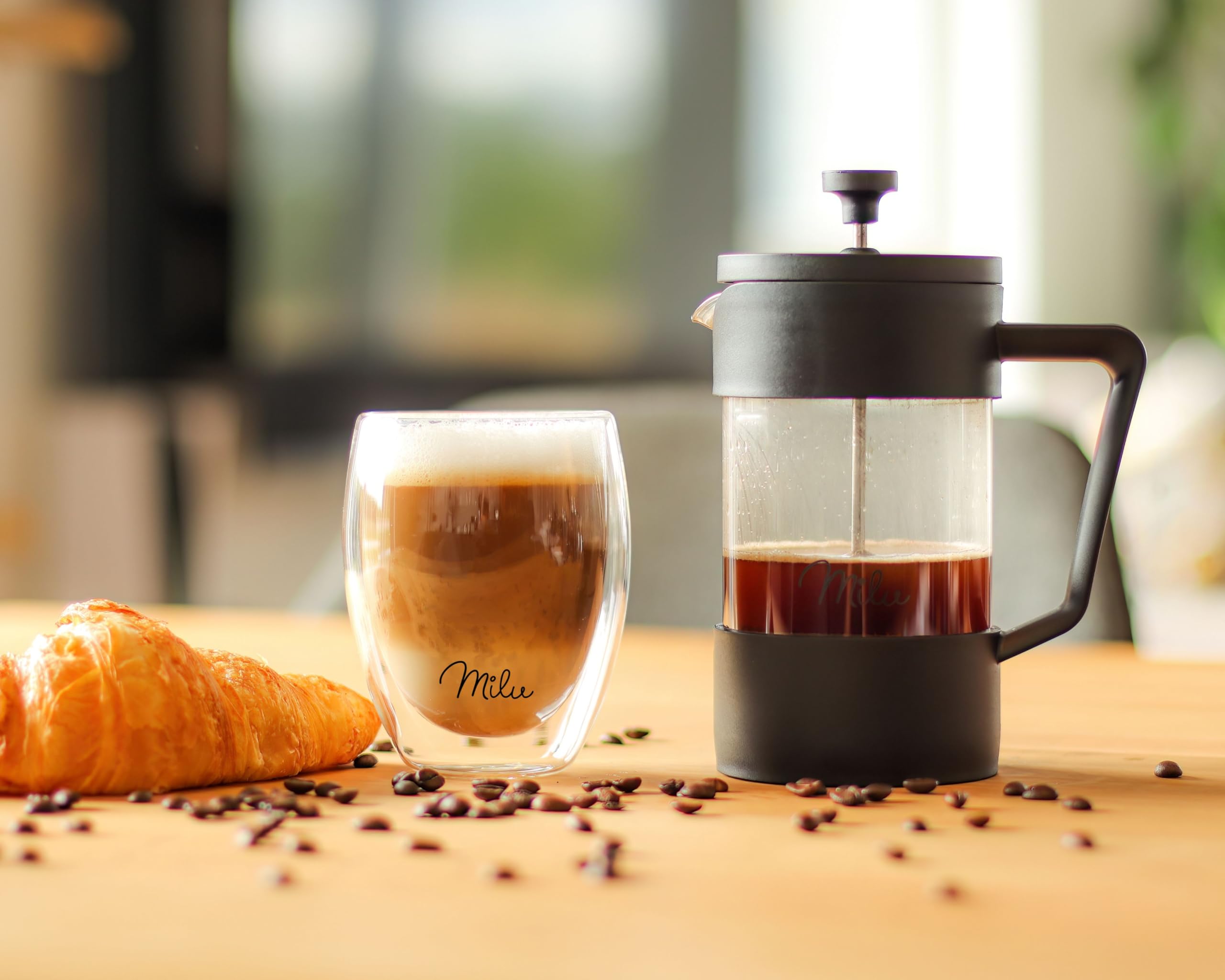 Milu Caffettiera francese Pressa per Caffè | 350ml 600ml 1L | Vetro French Press Caffettiera stantuffo (Nero, 600ml (3 tazze)
