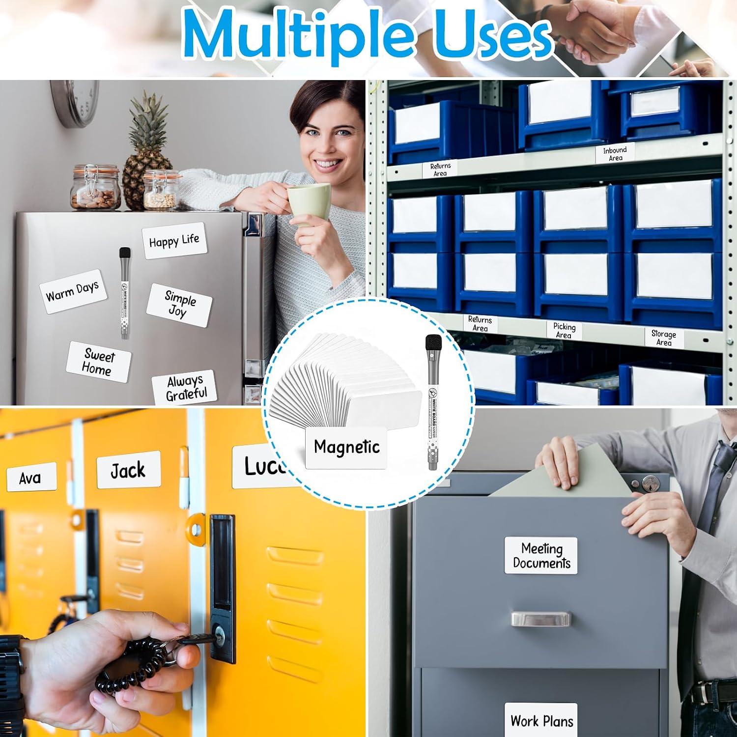 Meetory 80 Pack Magnetic Labels - 4x2 Inch Dry Erase Magnetic Labels for Whiteboards, Reusable Sticky Notes, Magnet Name Plates for Classrooms Blanked - 7