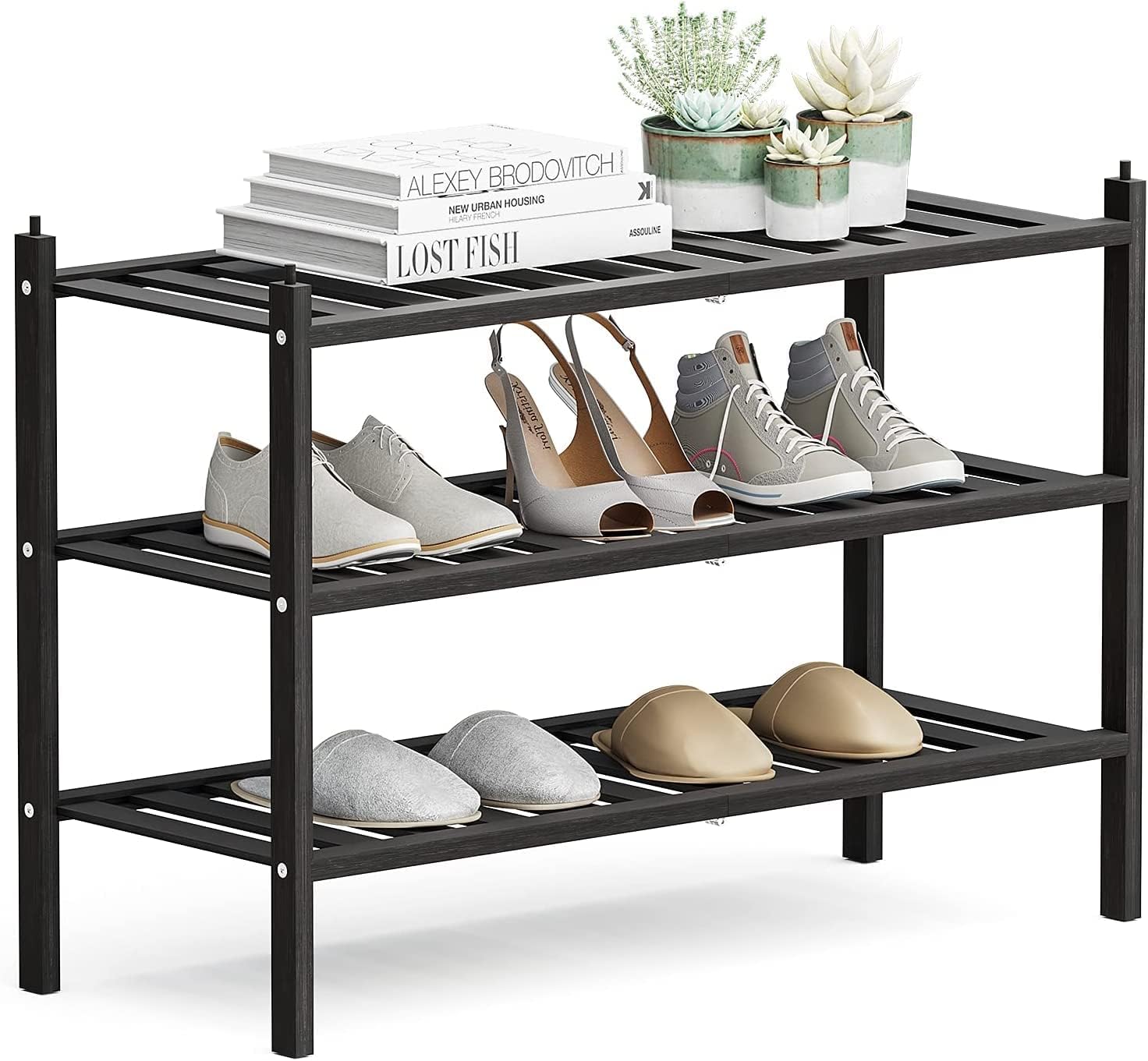 Shoe Rack, 3-Tier Bamboo Stackable Shoe Shelf Storage Organizer, Shoe Stand for Closet, Entryway and Hallway (Black)